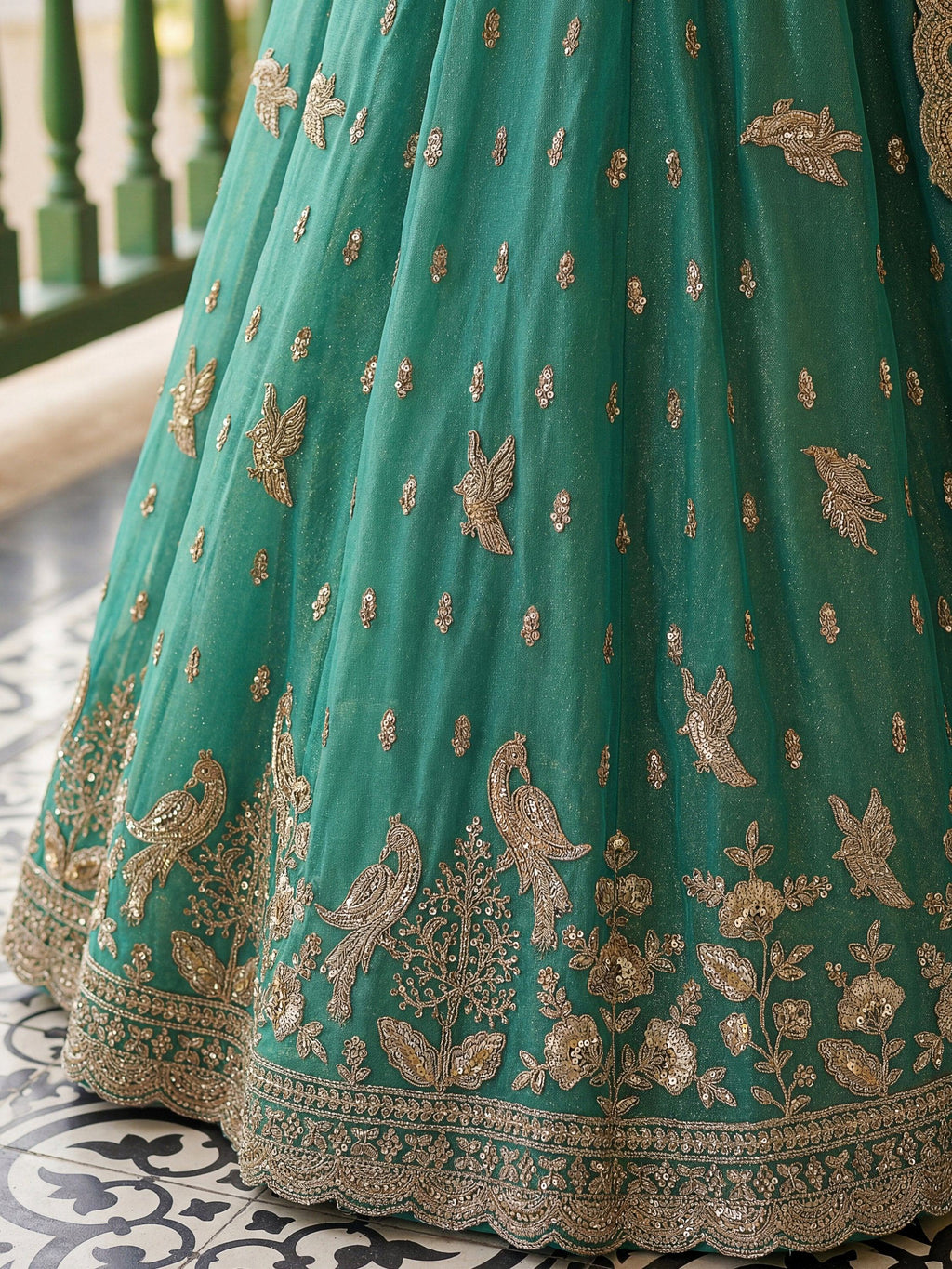 Sea Green Rich Diamond Work Organza Mehendi Wear Lehenga Choli