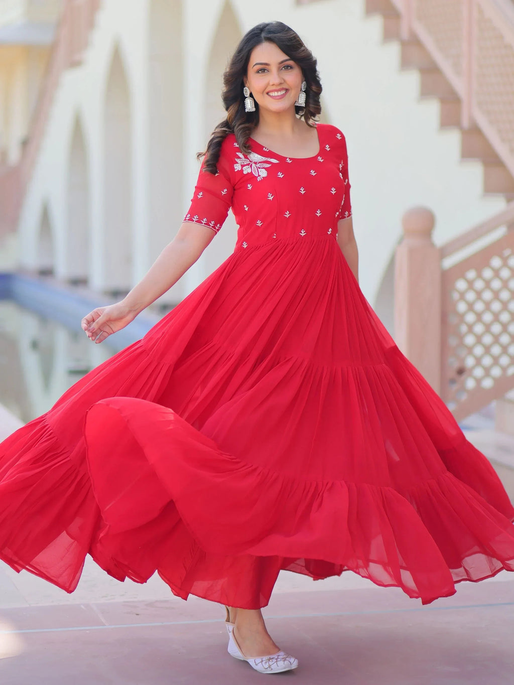 Red Sweet Embroidered Georgette Traditional Gown