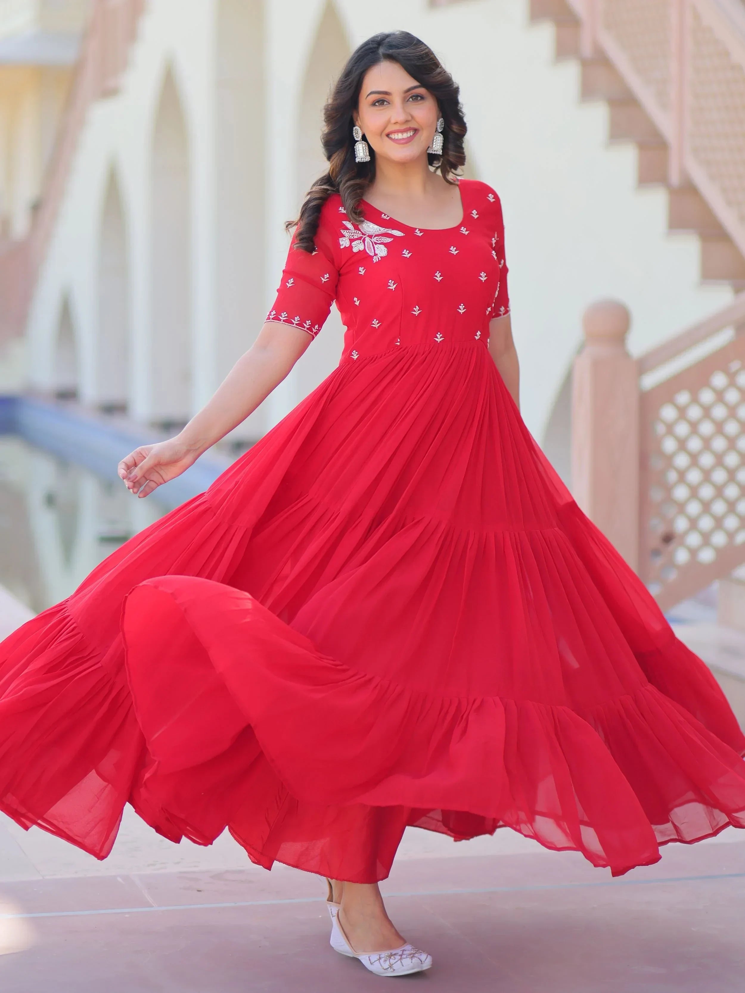 Red Sweet Embroidered Georgette Traditional Gown