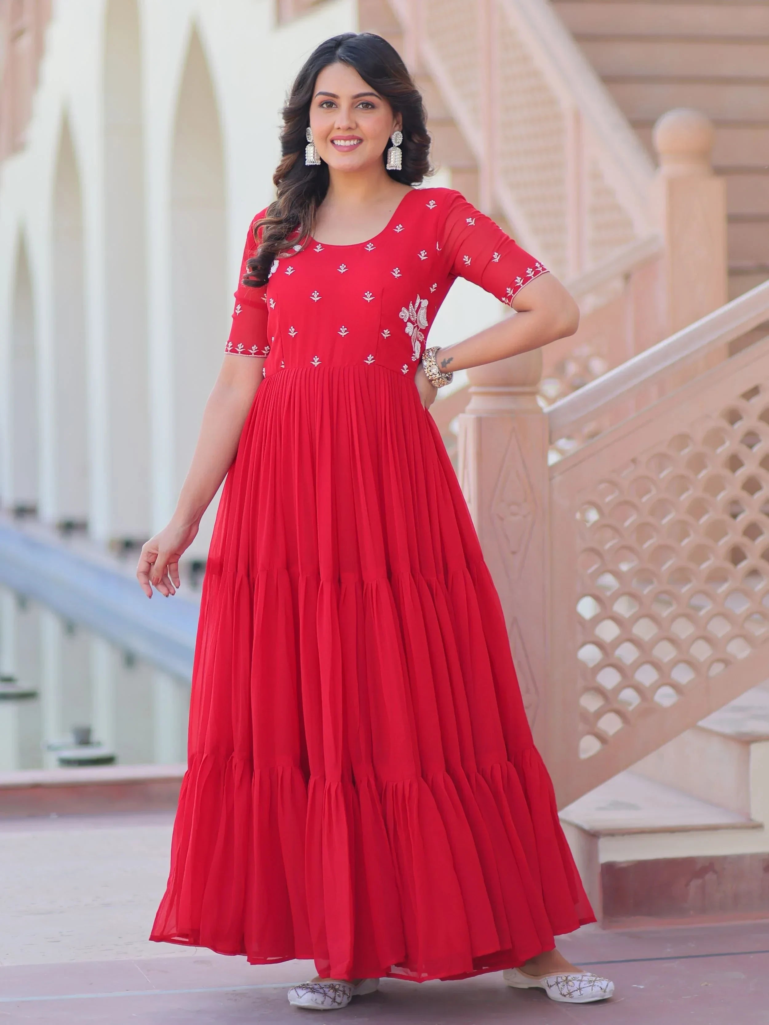 Red Sweet Embroidered Georgette Traditional Gown