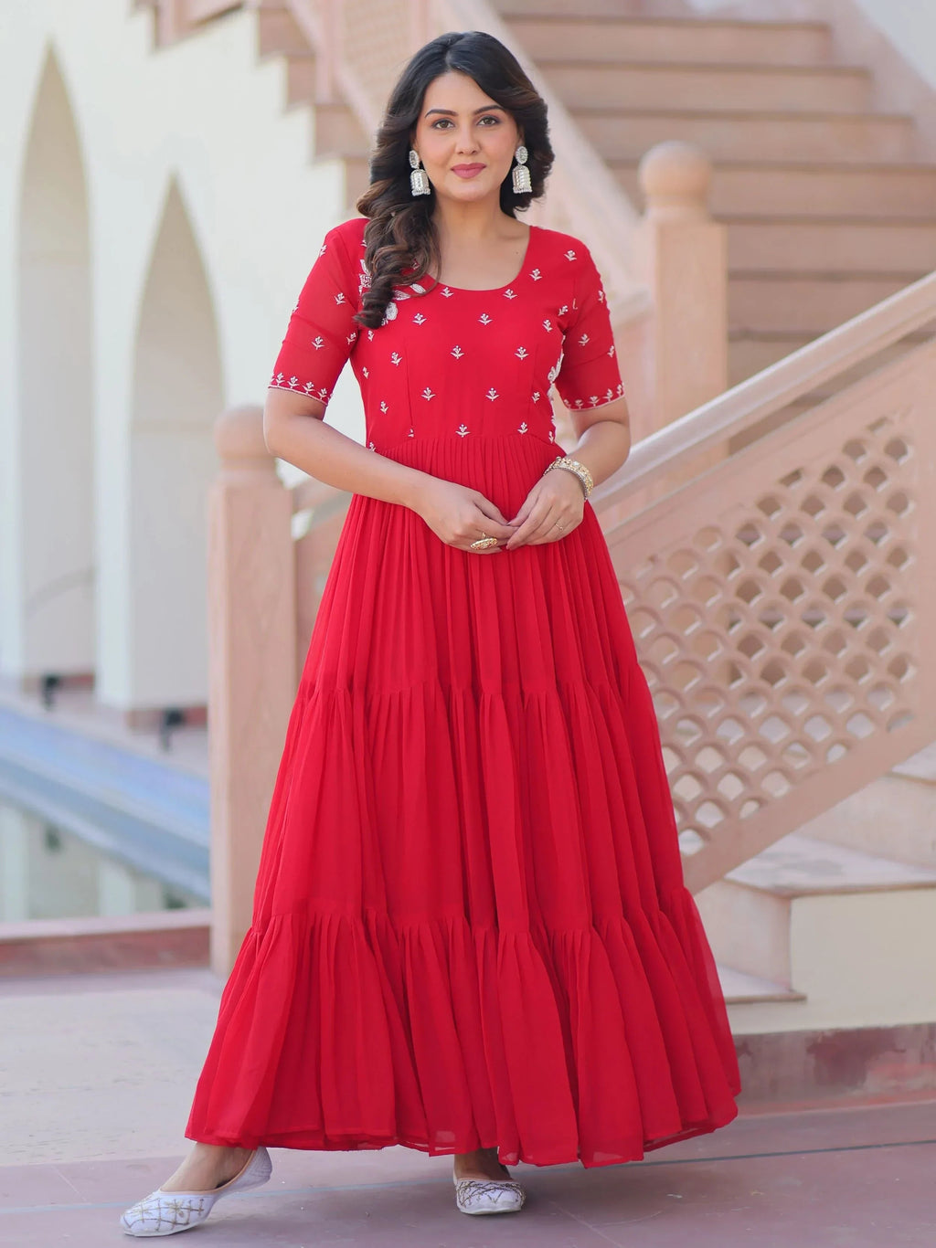 Red Sweet Embroidered Georgette Traditional Gown