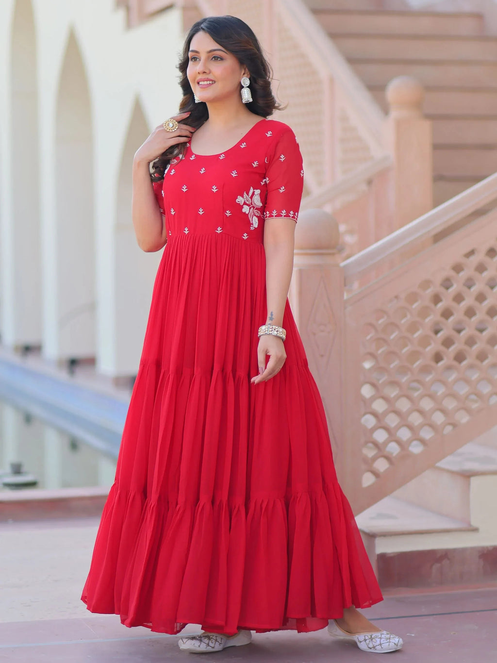 Red Sweet Embroidered Georgette Traditional Gown