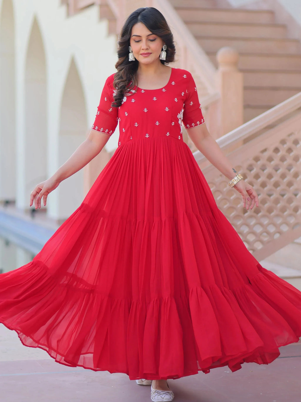 Red Sweet Embroidered Georgette Traditional Gown