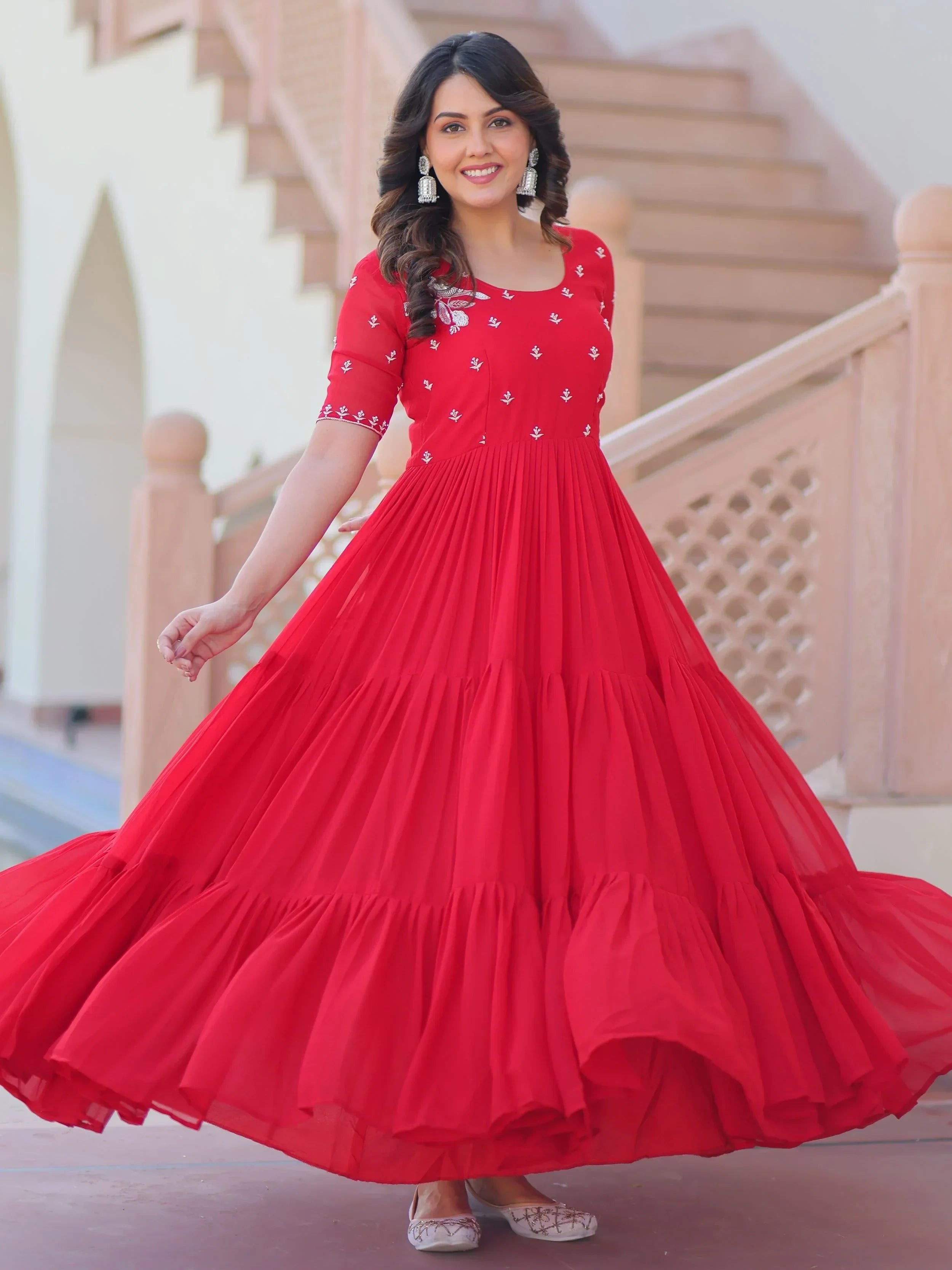 Red Sweet Embroidered Georgette Traditional Gown