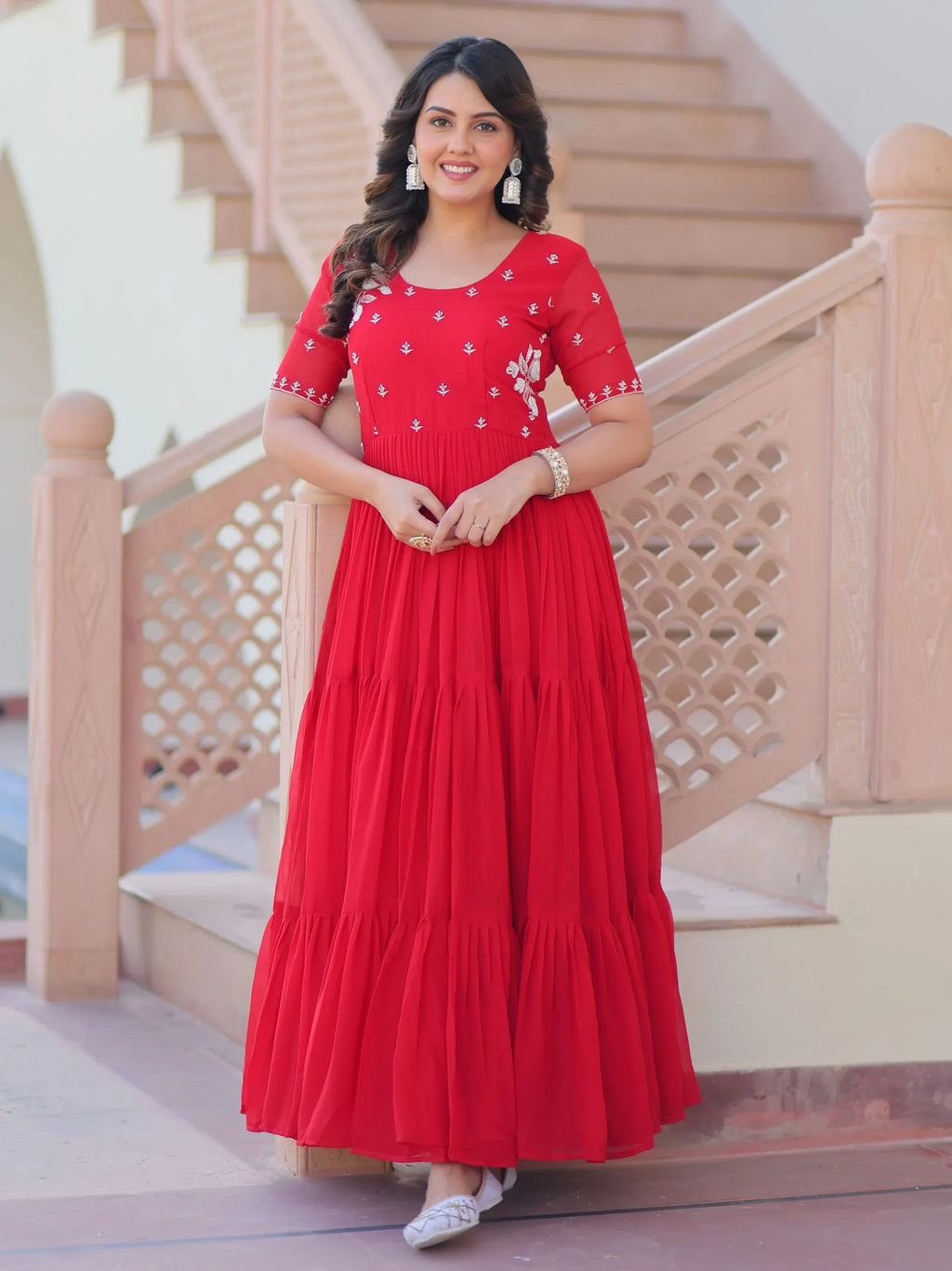 Red Sweet Embroidered Georgette Traditional Gown
