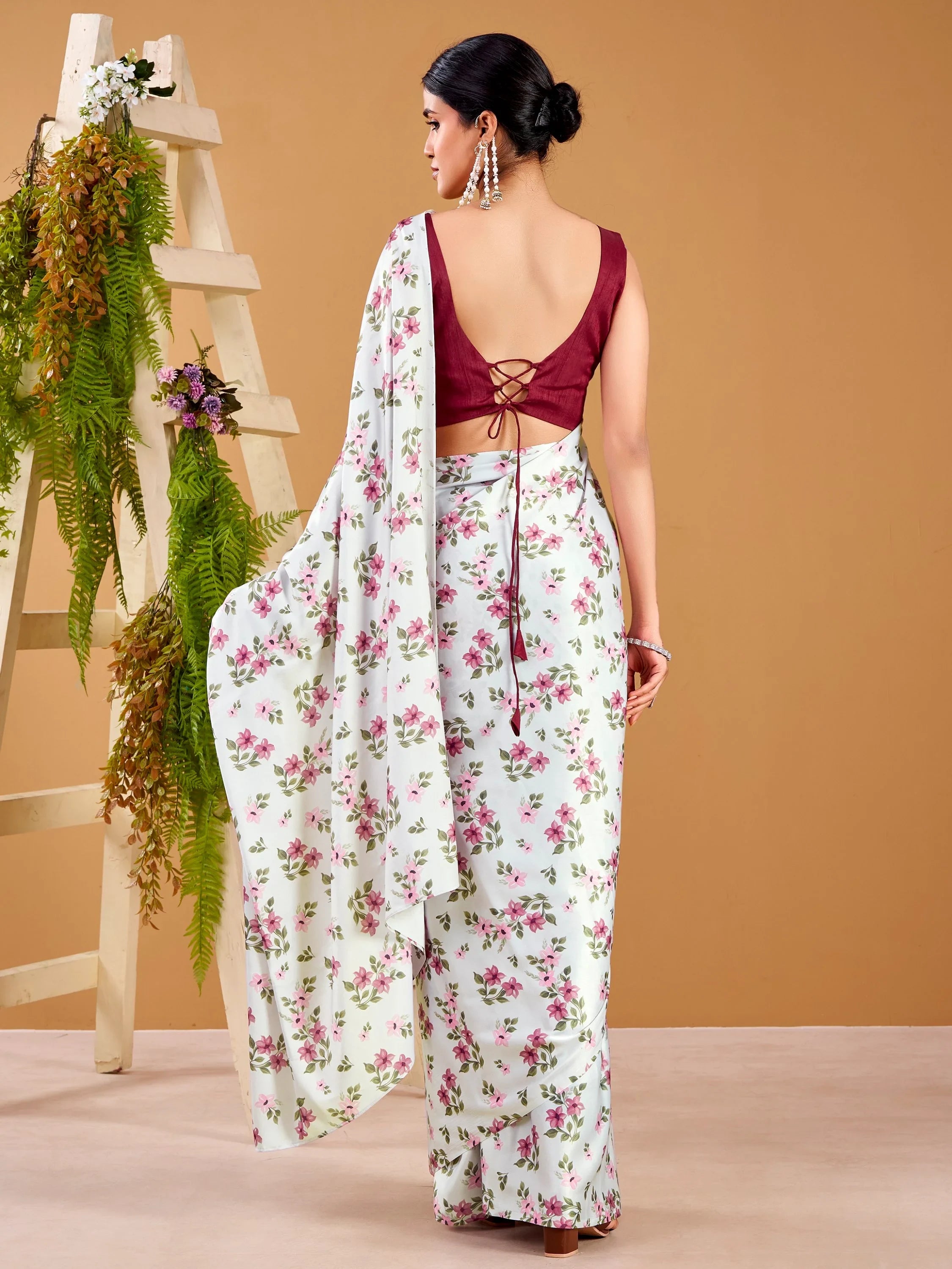 Grey Beautiful Floral Printed Satin Casual Wear Saree With Blouse