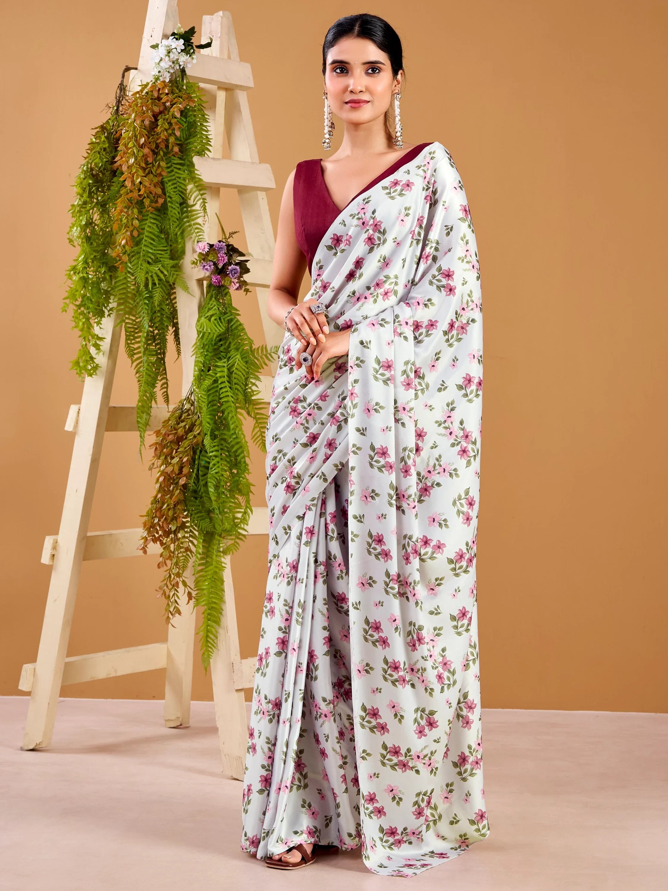 Grey Beautiful Floral Printed Satin Casual Wear Saree With Blouse