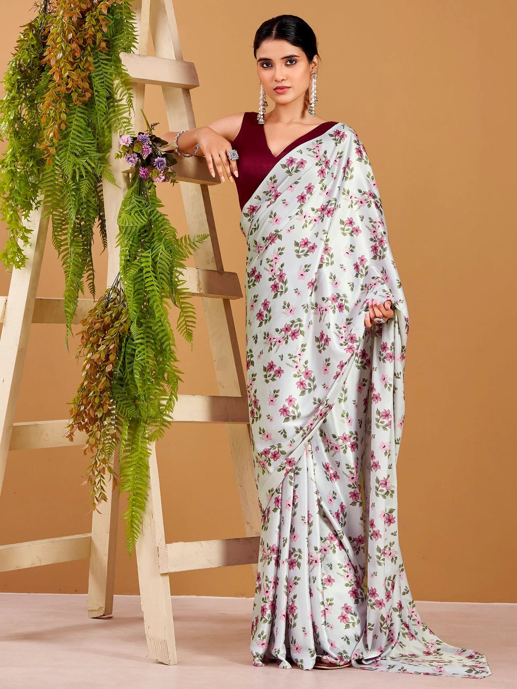 Grey Beautiful Floral Printed Satin Casual Wear Saree With Blouse