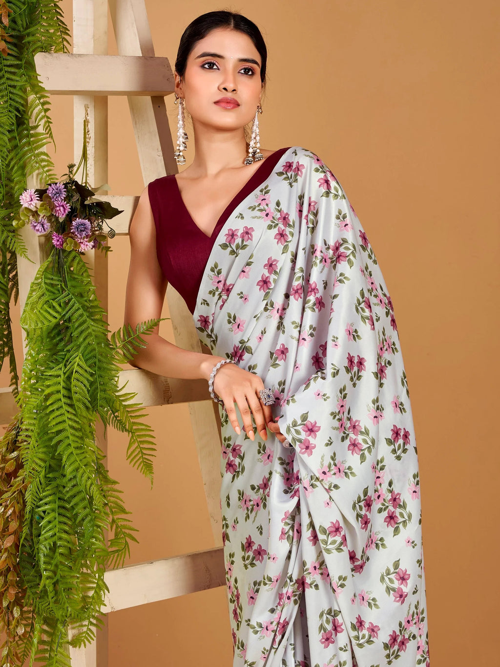 Grey Beautiful Floral Printed Satin Casual Wear Saree With Blouse
