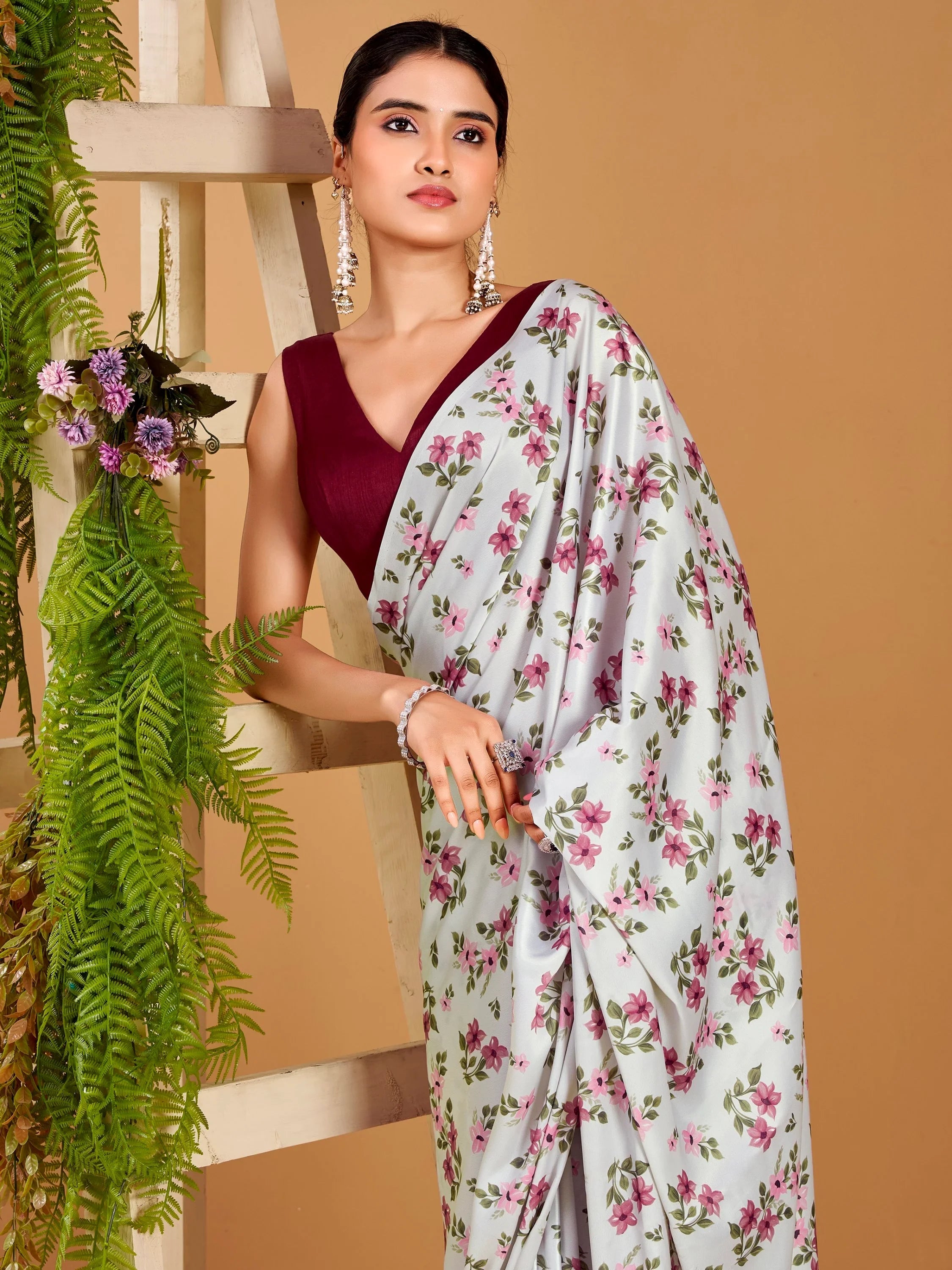 Grey Beautiful Floral Printed Satin Casual Wear Saree With Blouse