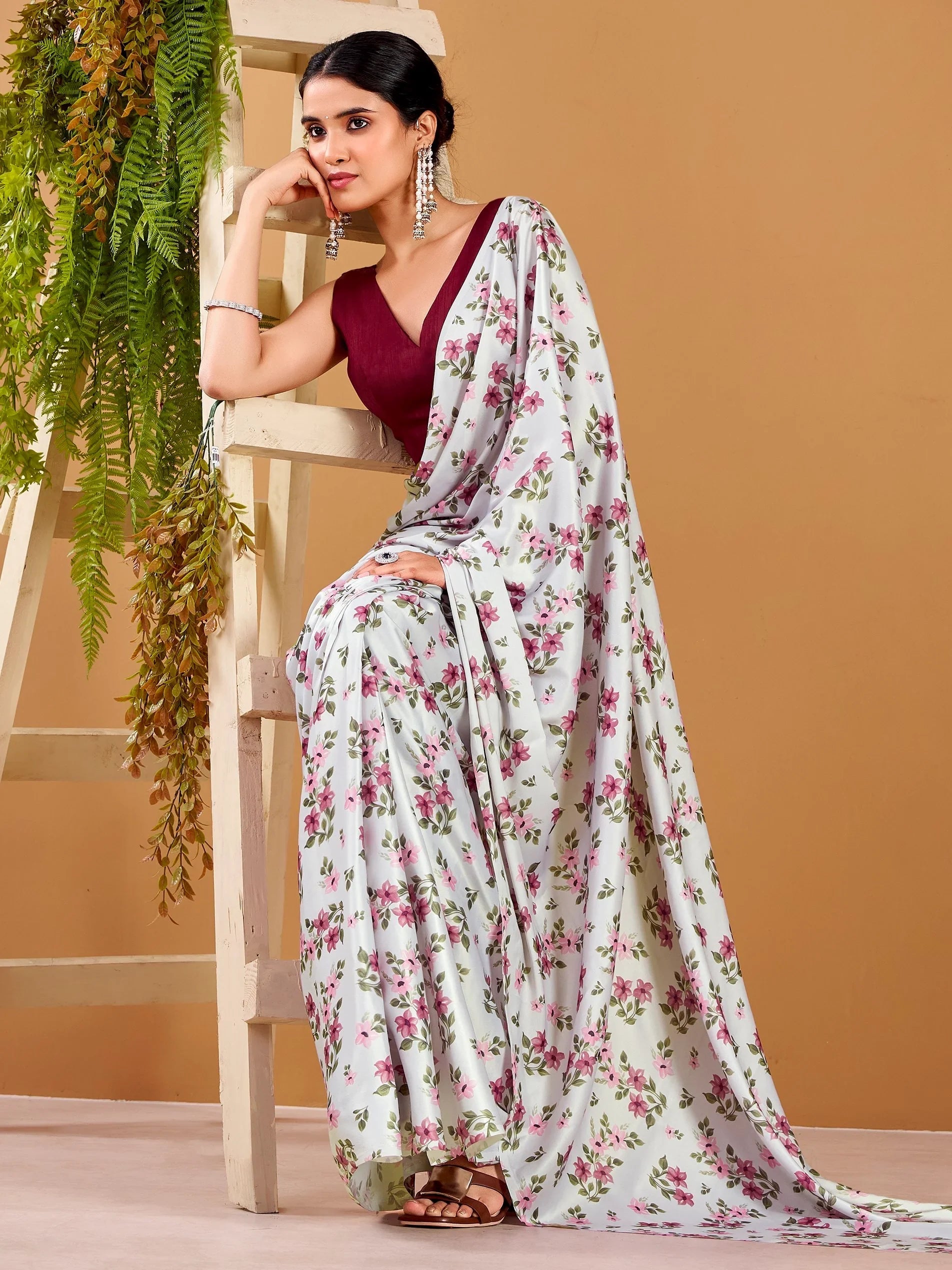 Grey Beautiful Floral Printed Satin Casual Wear Saree With Blouse