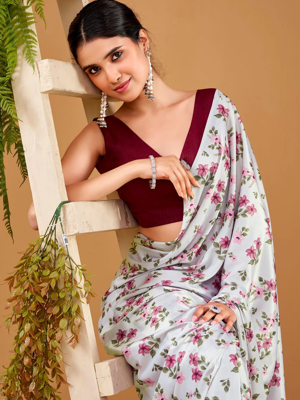Grey Beautiful Floral Printed Satin Casual Wear Saree With Blouse