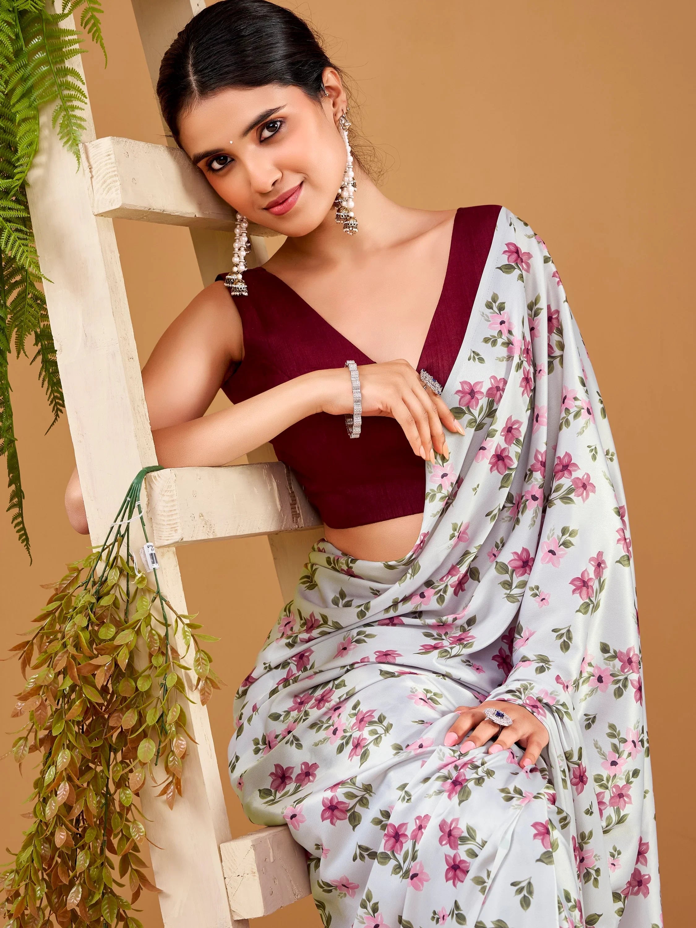 Grey Beautiful Floral Printed Satin Casual Wear Saree With Blouse