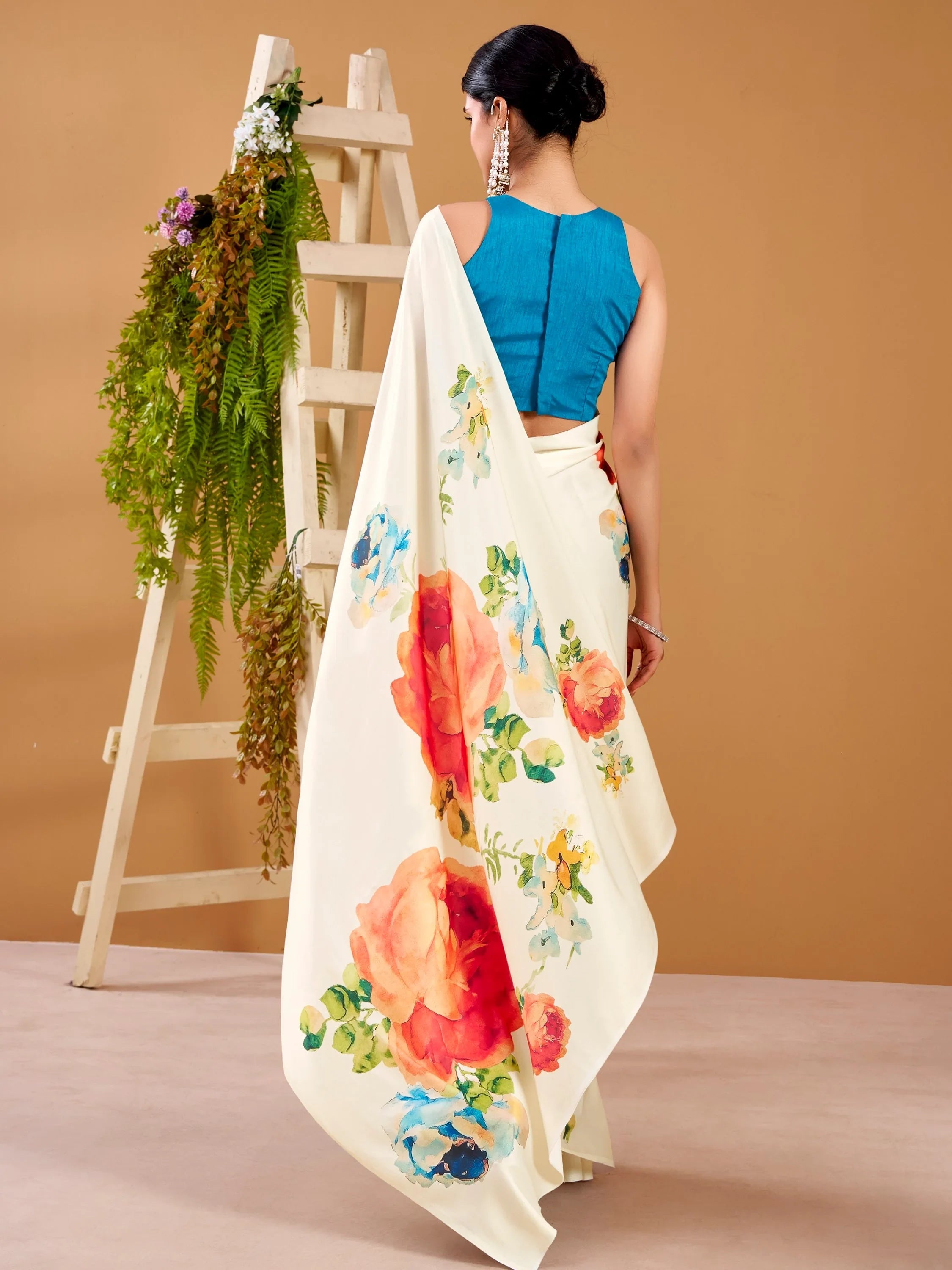 White Beautiful Floral Printed Satin Casual Wear Saree With Blouse