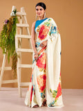 White Beautiful Floral Printed Satin Casual Wear Saree With Blouse