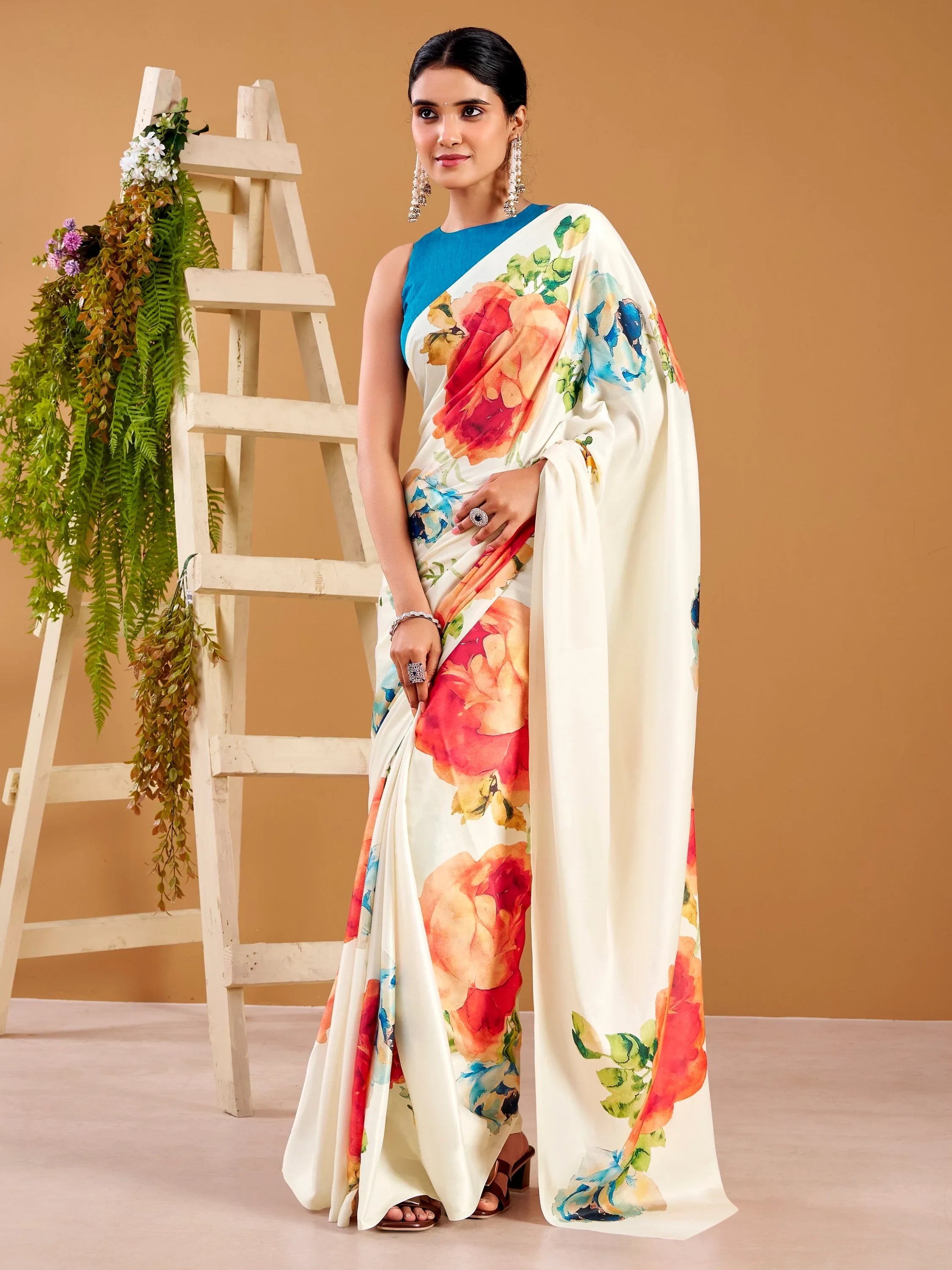 White Beautiful Floral Printed Satin Casual Wear Saree With Blouse