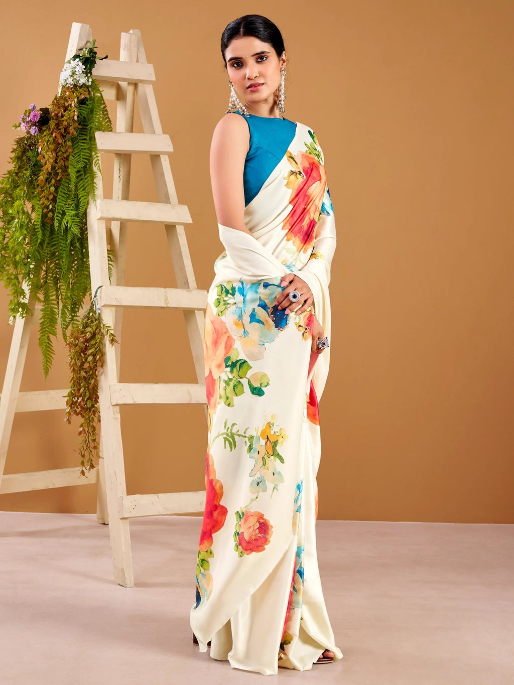 White Beautiful Floral Printed Satin Casual Wear Saree With Blouse