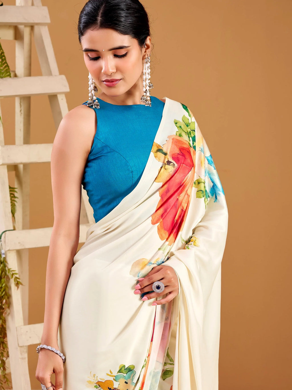 White Beautiful Floral Printed Satin Casual Wear Saree With Blouse
