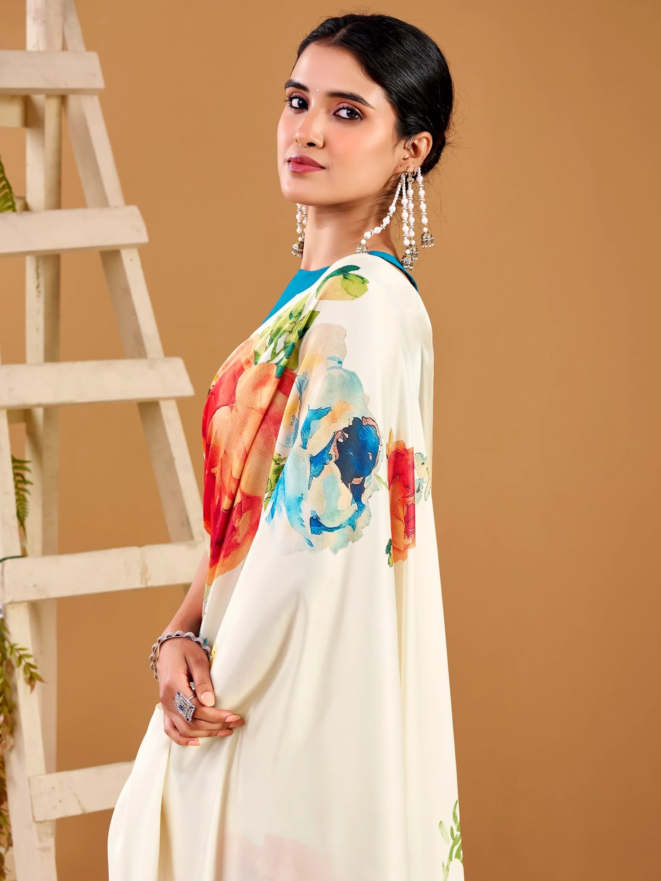White Beautiful Floral Printed Satin Casual Wear Saree With Blouse