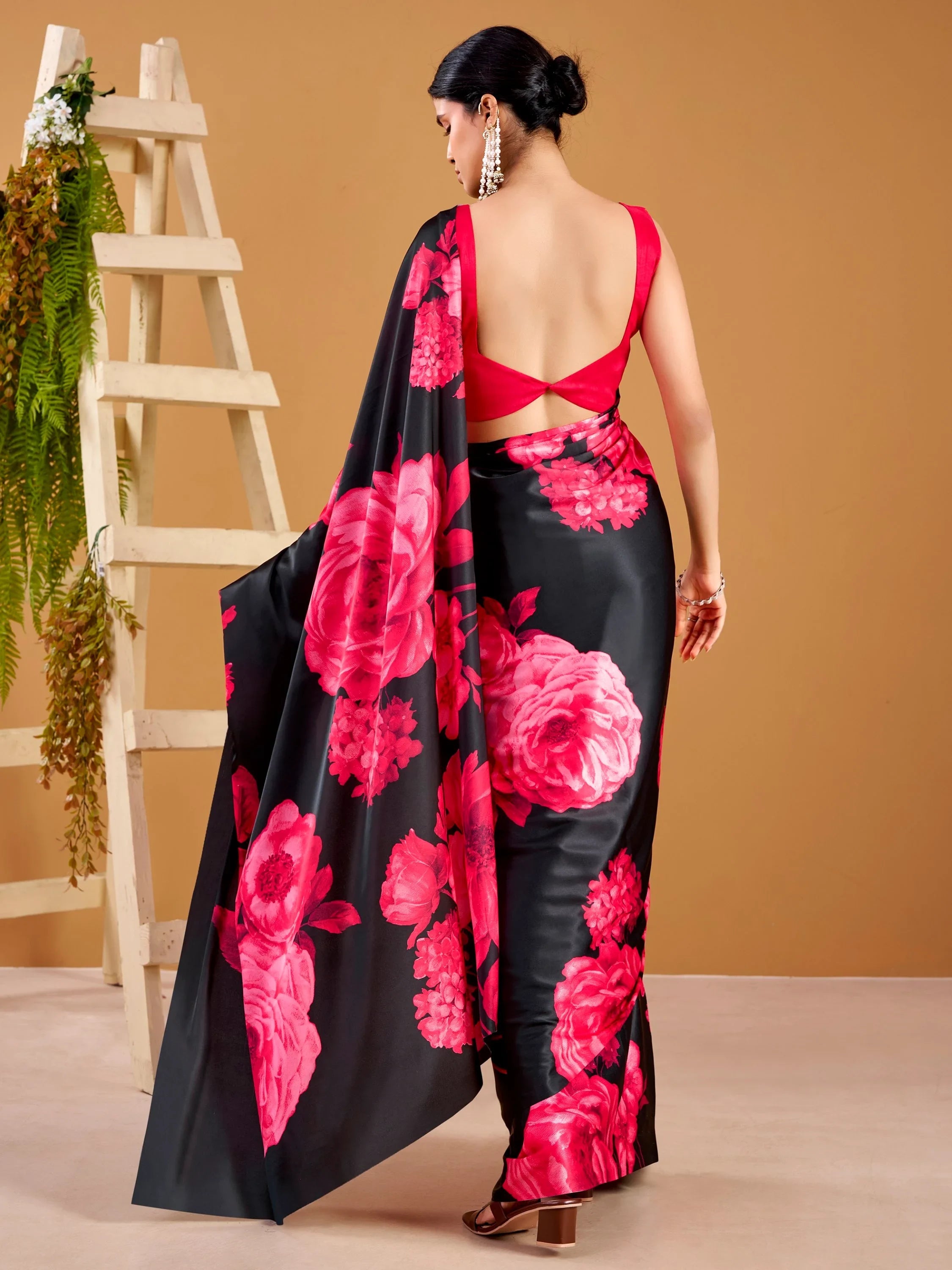 Pink Beautiful Floral Printed Satin Casual Wear Saree With Blouse