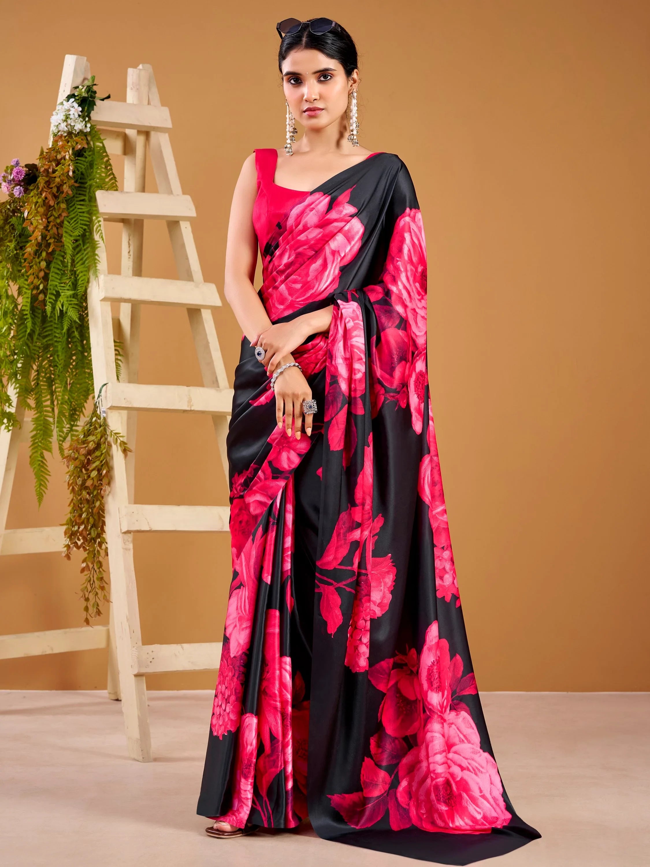 Pink Beautiful Floral Printed Satin Casual Wear Saree With Blouse