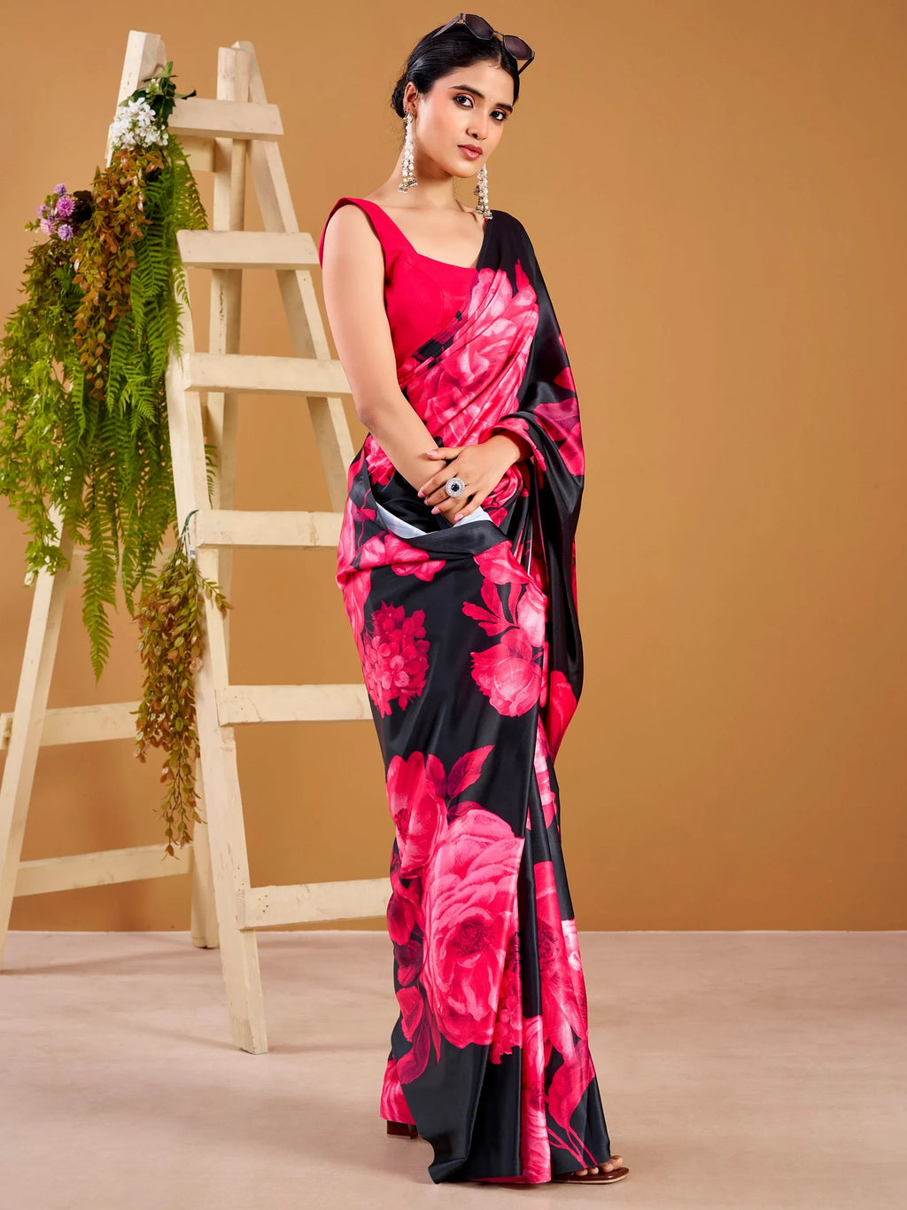 Pink Beautiful Floral Printed Satin Casual Wear Saree With Blouse