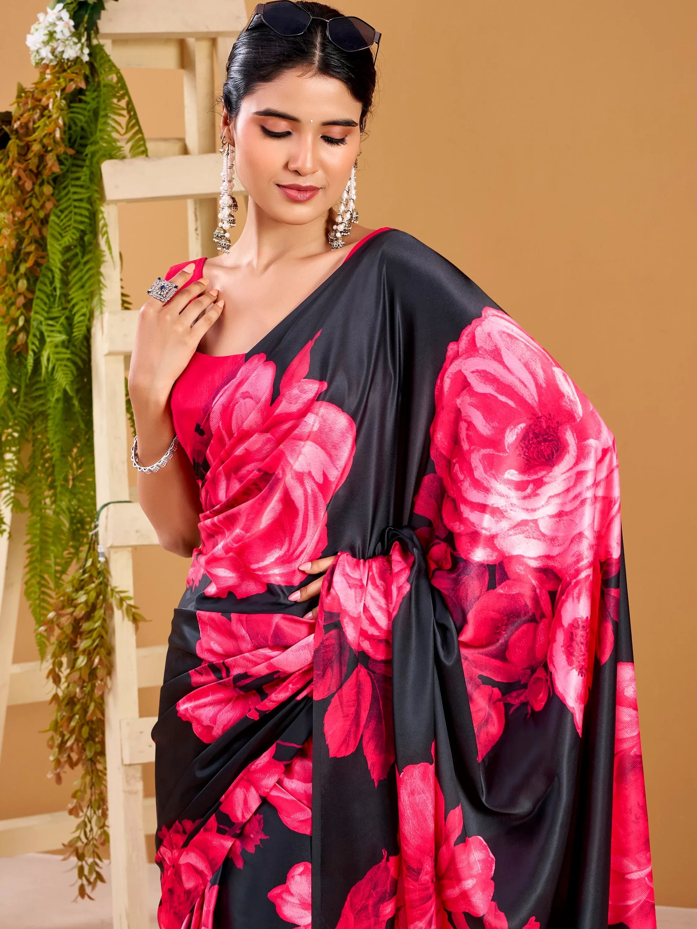 Pink Beautiful Floral Printed Satin Casual Wear Saree With Blouse