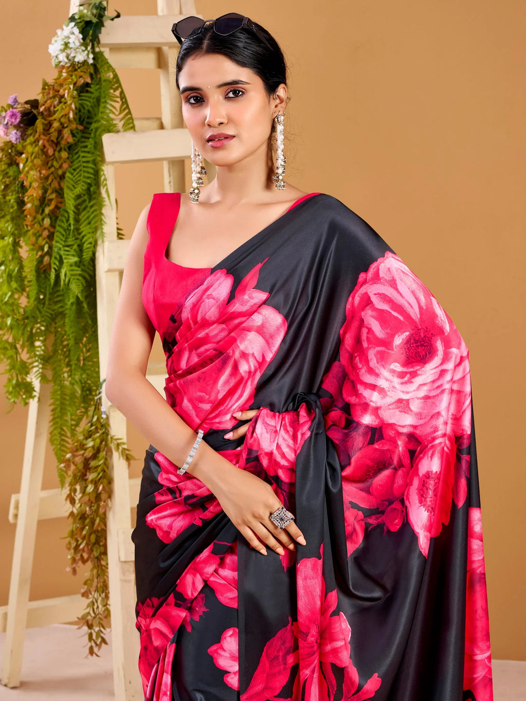 Pink Beautiful Floral Printed Satin Casual Wear Saree With Blouse