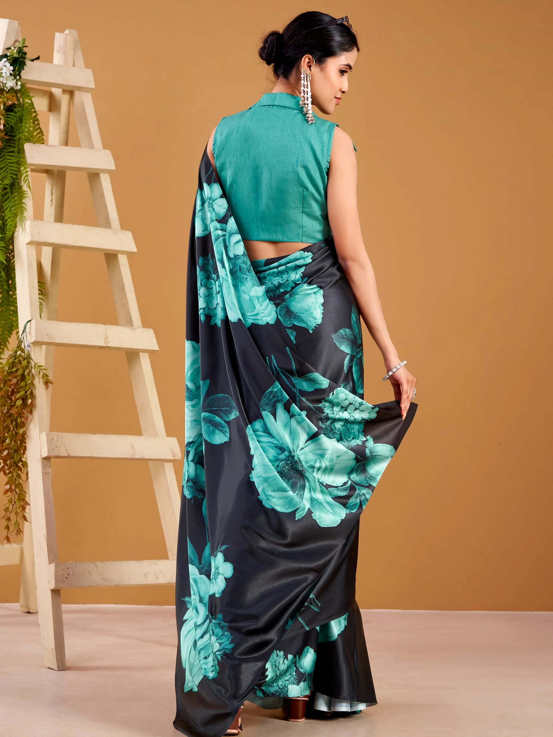 Teal Beautiful Floral Printed Satin Casual Wear Saree With Blouse