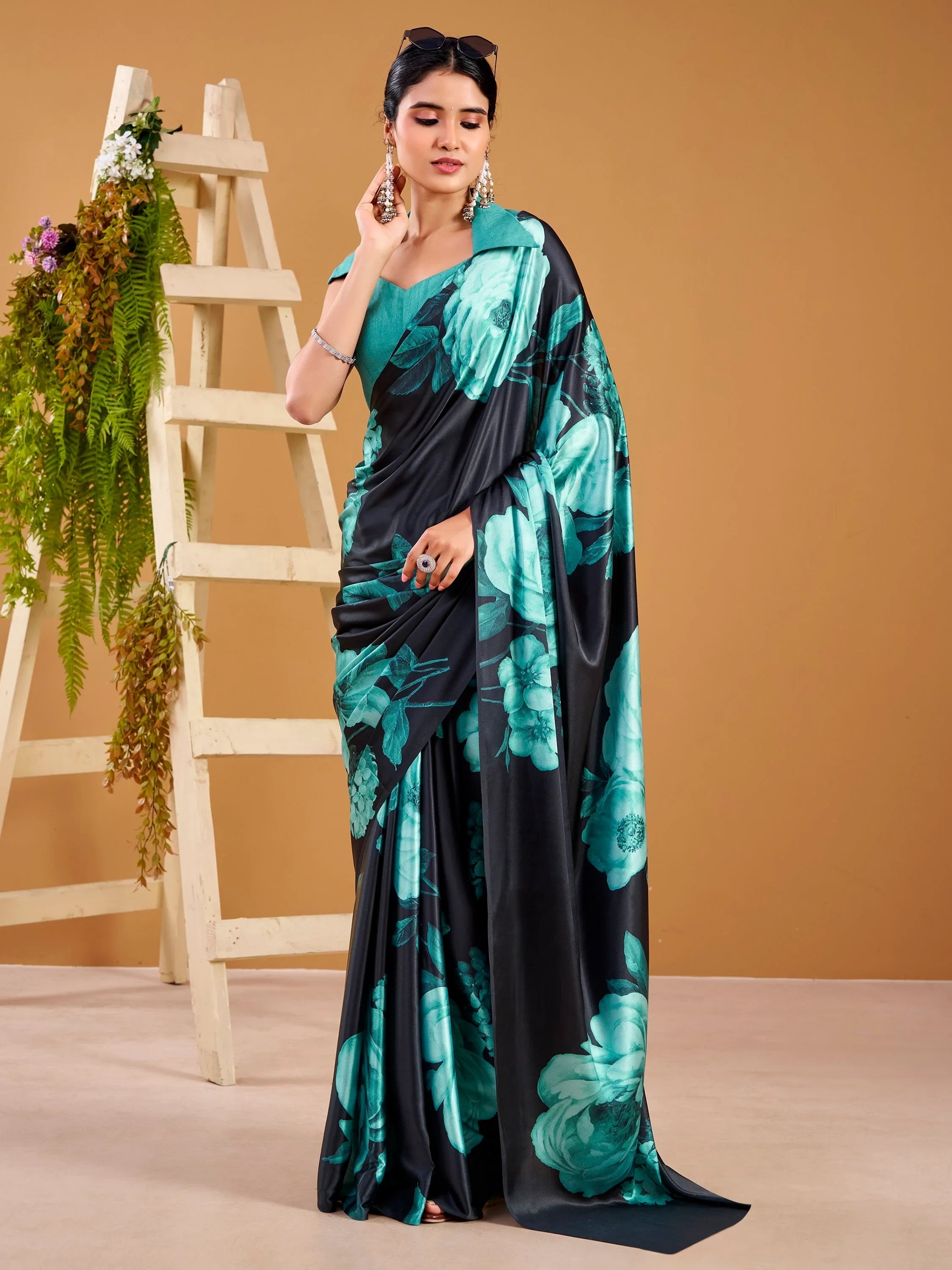 Teal Beautiful Floral Printed Satin Casual Wear Saree With Blouse