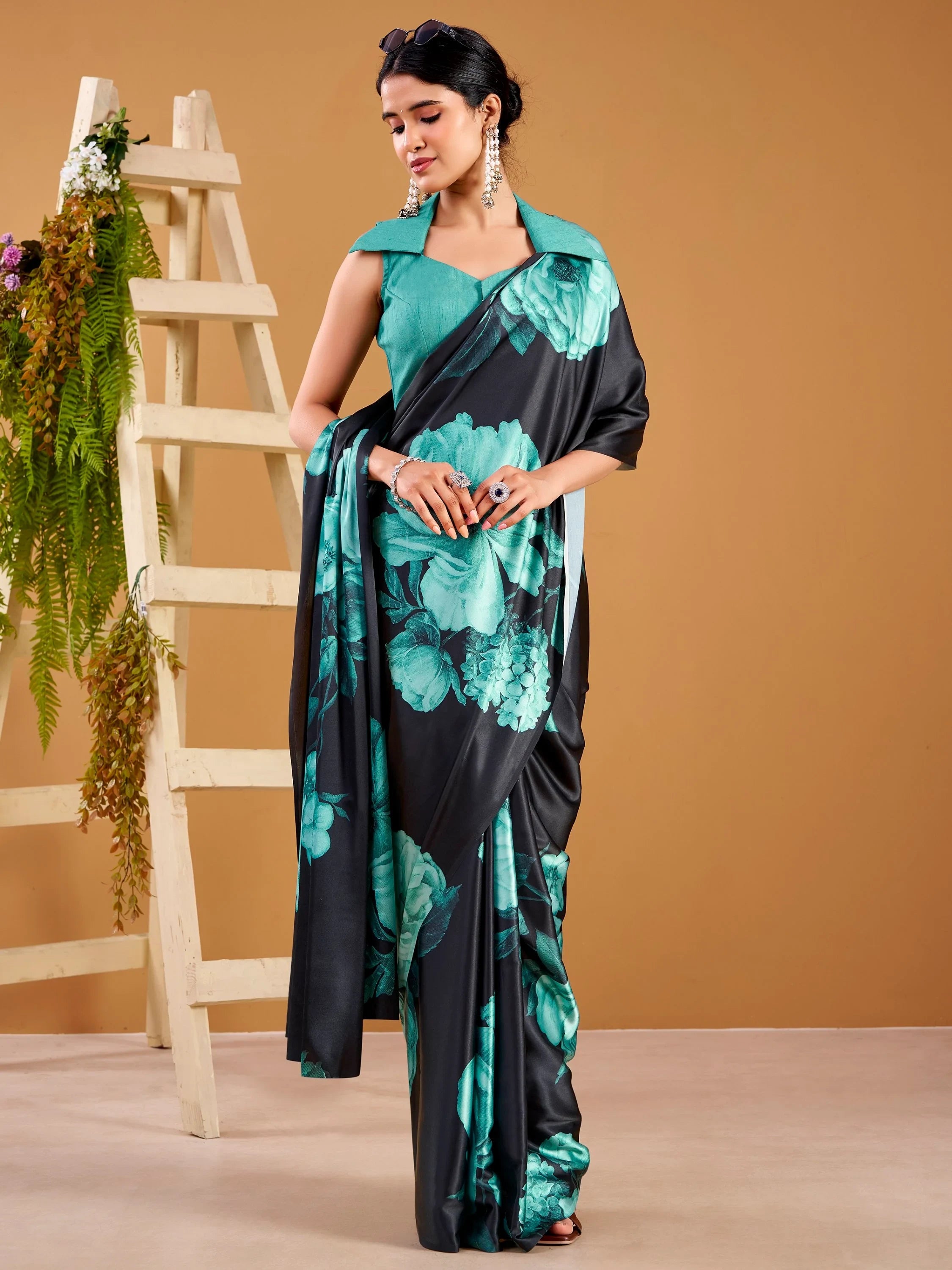 Teal Beautiful Floral Printed Satin Casual Wear Saree With Blouse