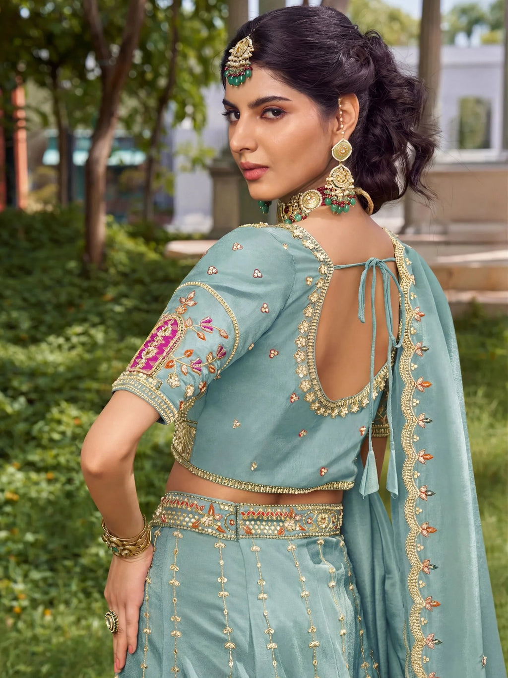 Elegant Dusty Sky Blue Stone Work Silk Bridesmaids Lehenga Choli With Dupatta