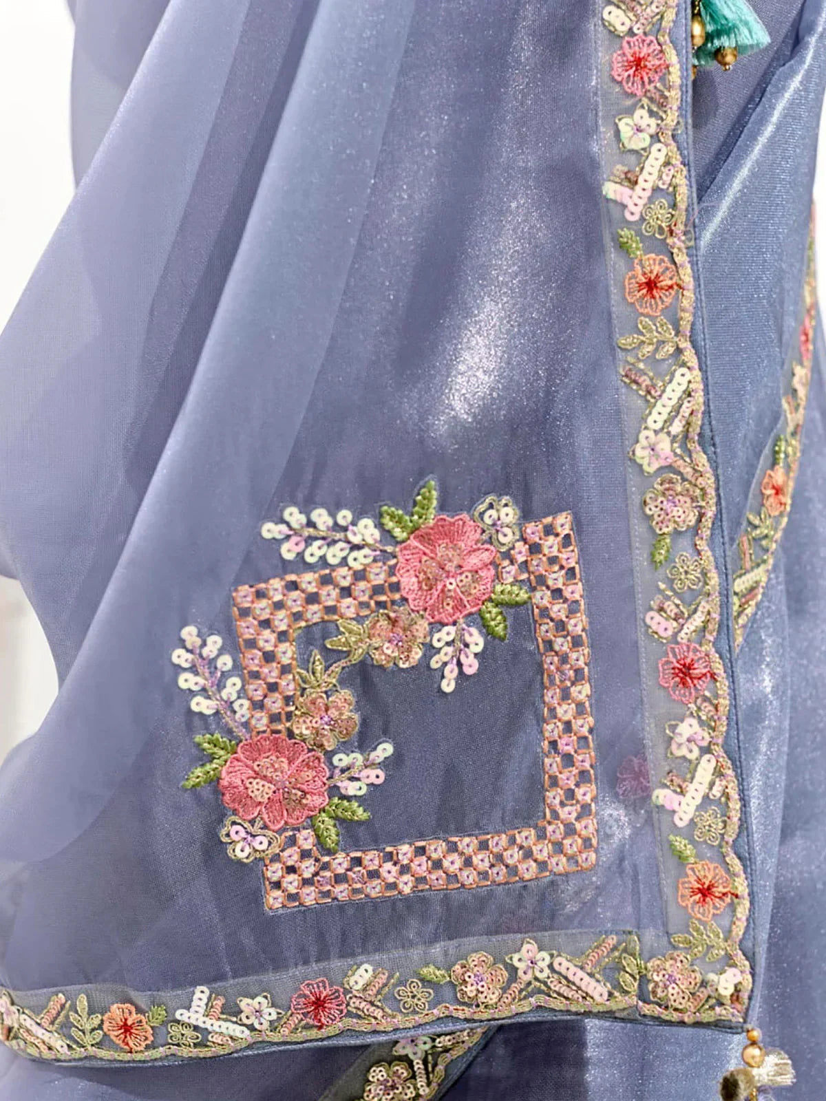Mesmerizing Dusty Blue Border Work Tissue Silk Engagement Wear Saree