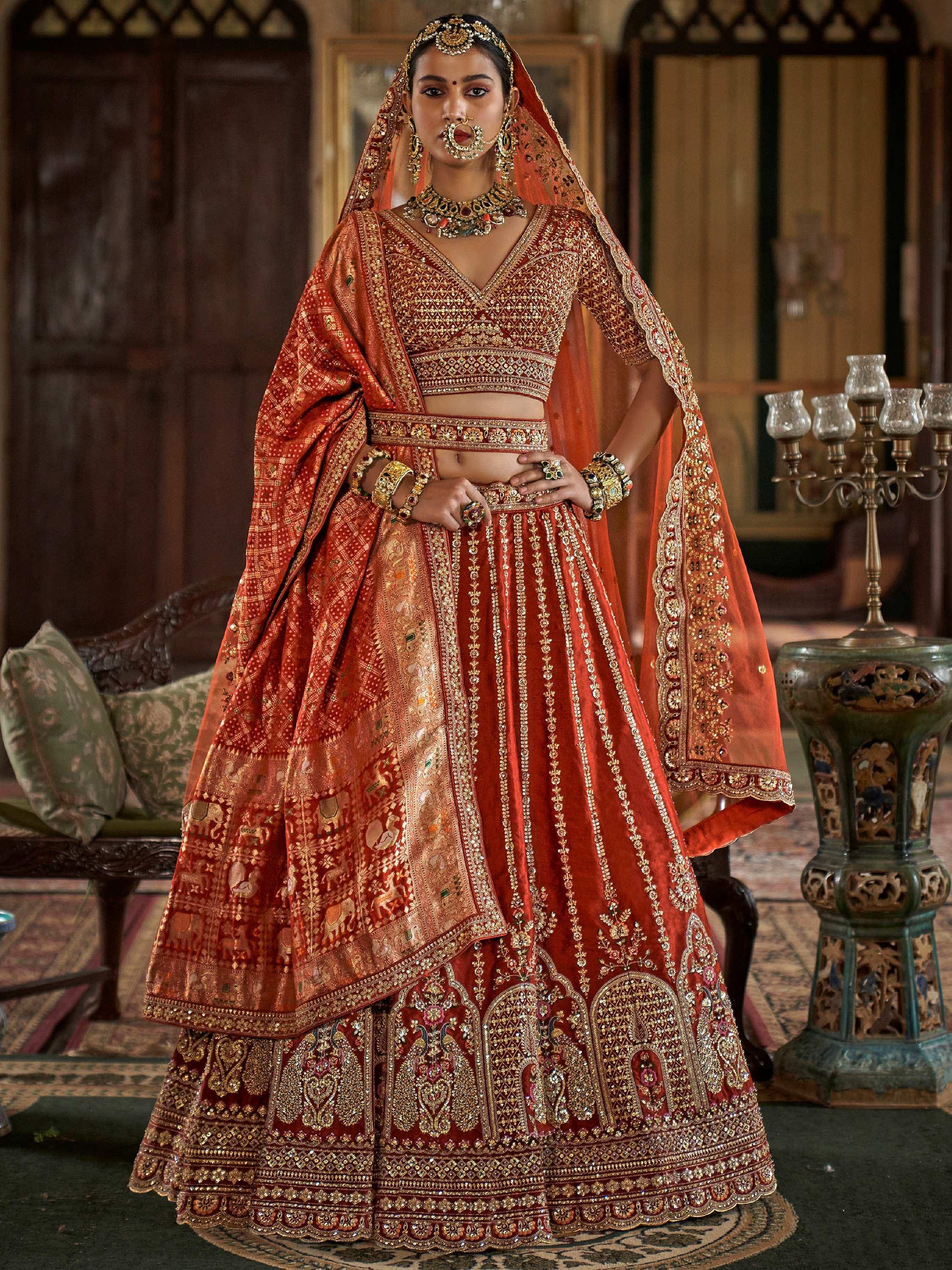 Good-looking Orange Pearl Work Silk Bridal Lehenga Choli With Double Dupatta