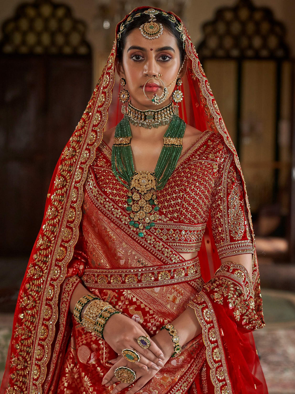 Bewitching Red Thread Work Silk Bridal Lehenga Choli With Double Dupatta