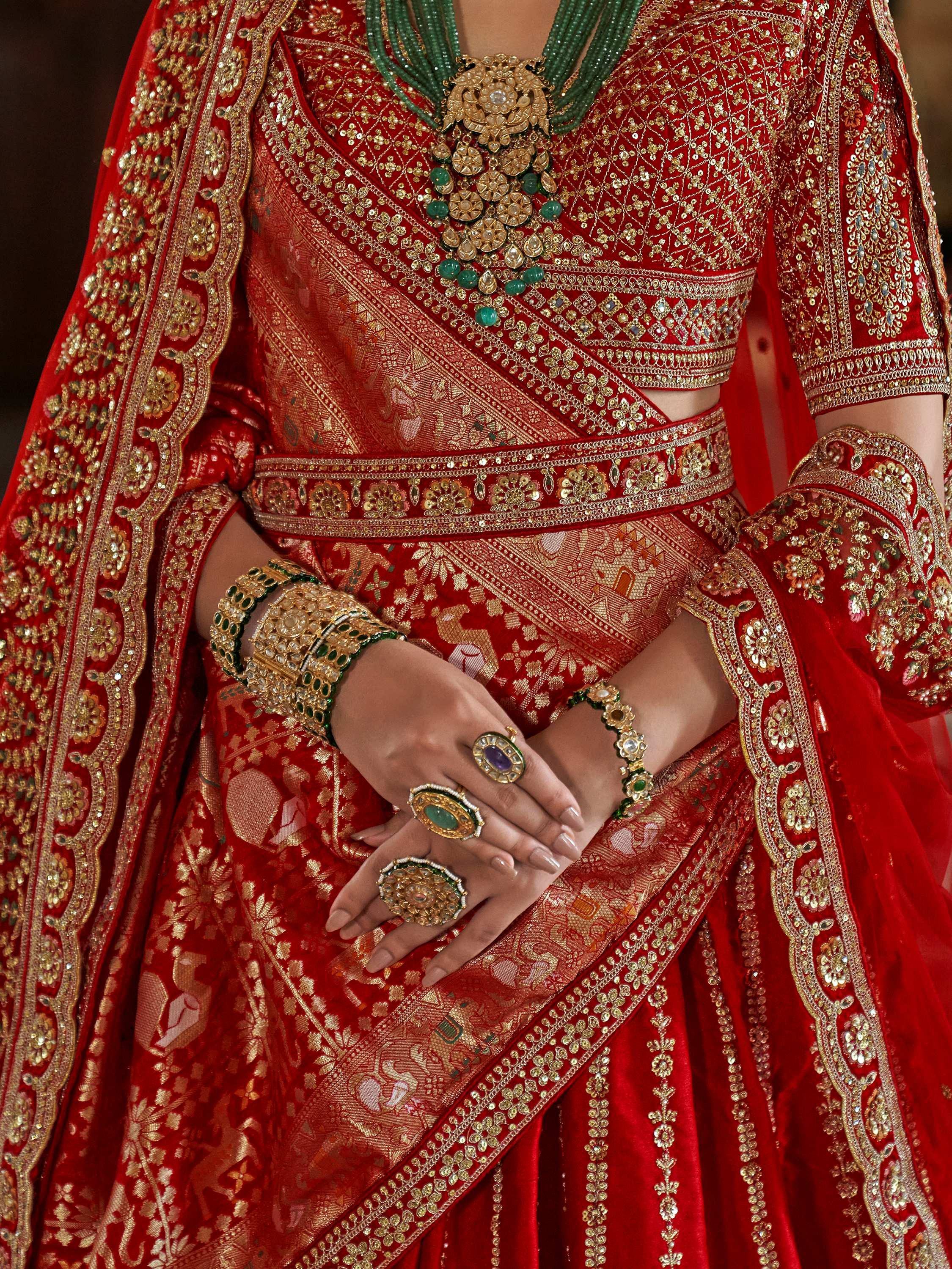 Bewitching Red Thread Work Silk Bridal Lehenga Choli With Double Dupatta