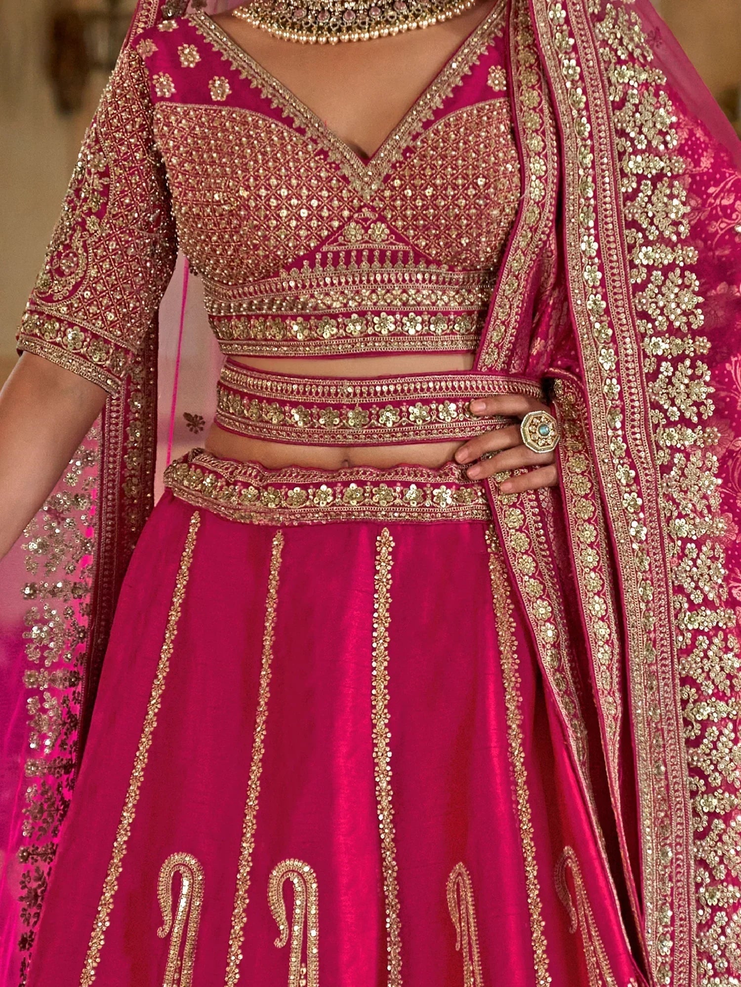 Beautiful Hot Pink Sequins Silk Bridal Lehenga Choli With Double Dupatta
