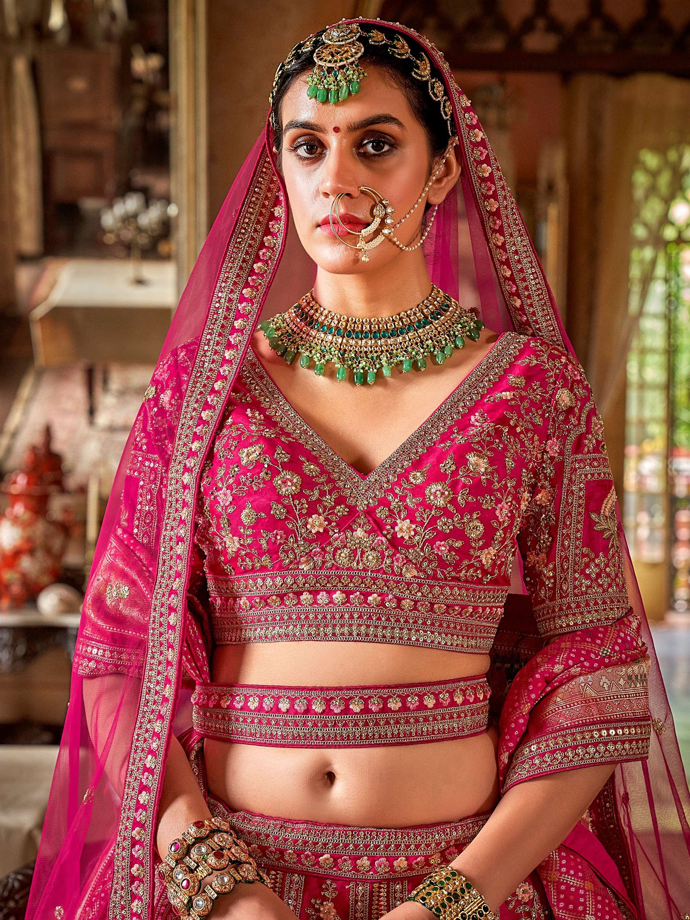 Adorable Pink Embroidered Silk Bridal Wear Lehenga Choli With Double Dupatta
