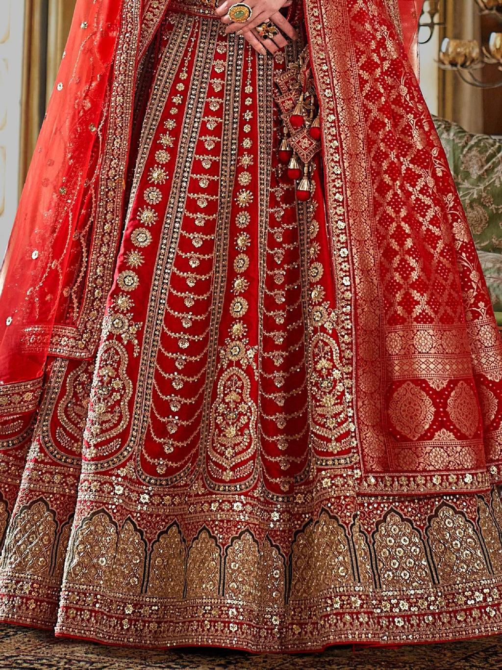 Mesmerizing Red Sequins Silk Bridal Lehenga Choli With Double Dupatta