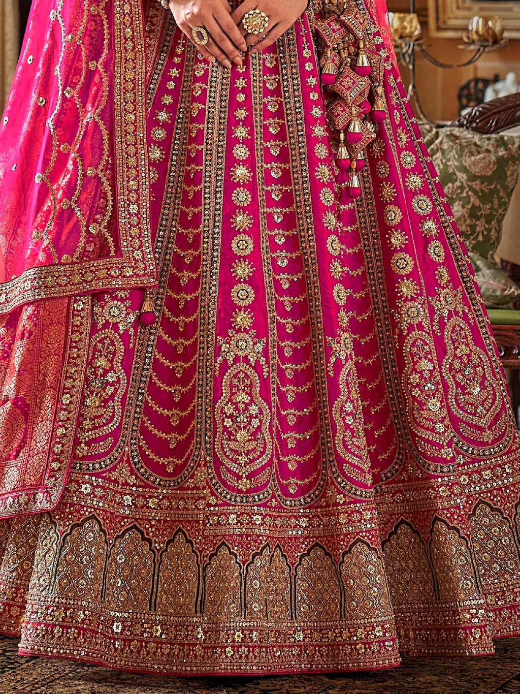 Gorgeous Pink Embroidered Silk Bridal Wear Lehenga Choli With Double Dupatta