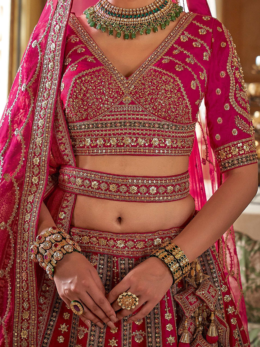 Gorgeous Pink Embroidered Silk Bridal Wear Lehenga Choli With Double Dupatta