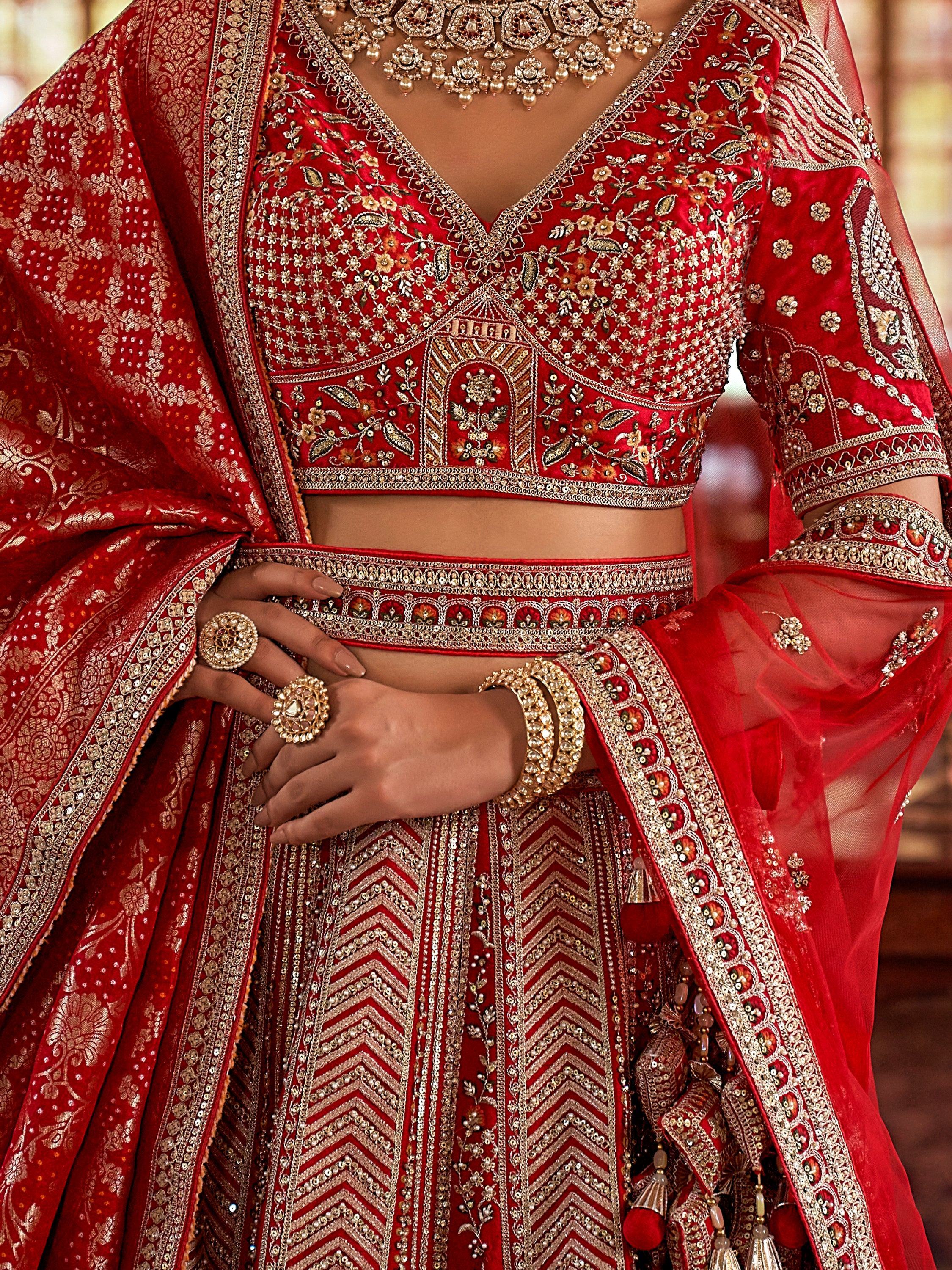 Pretty Red Sequins Silk Bridal Wear Lehenga Choli With Double Dupatta