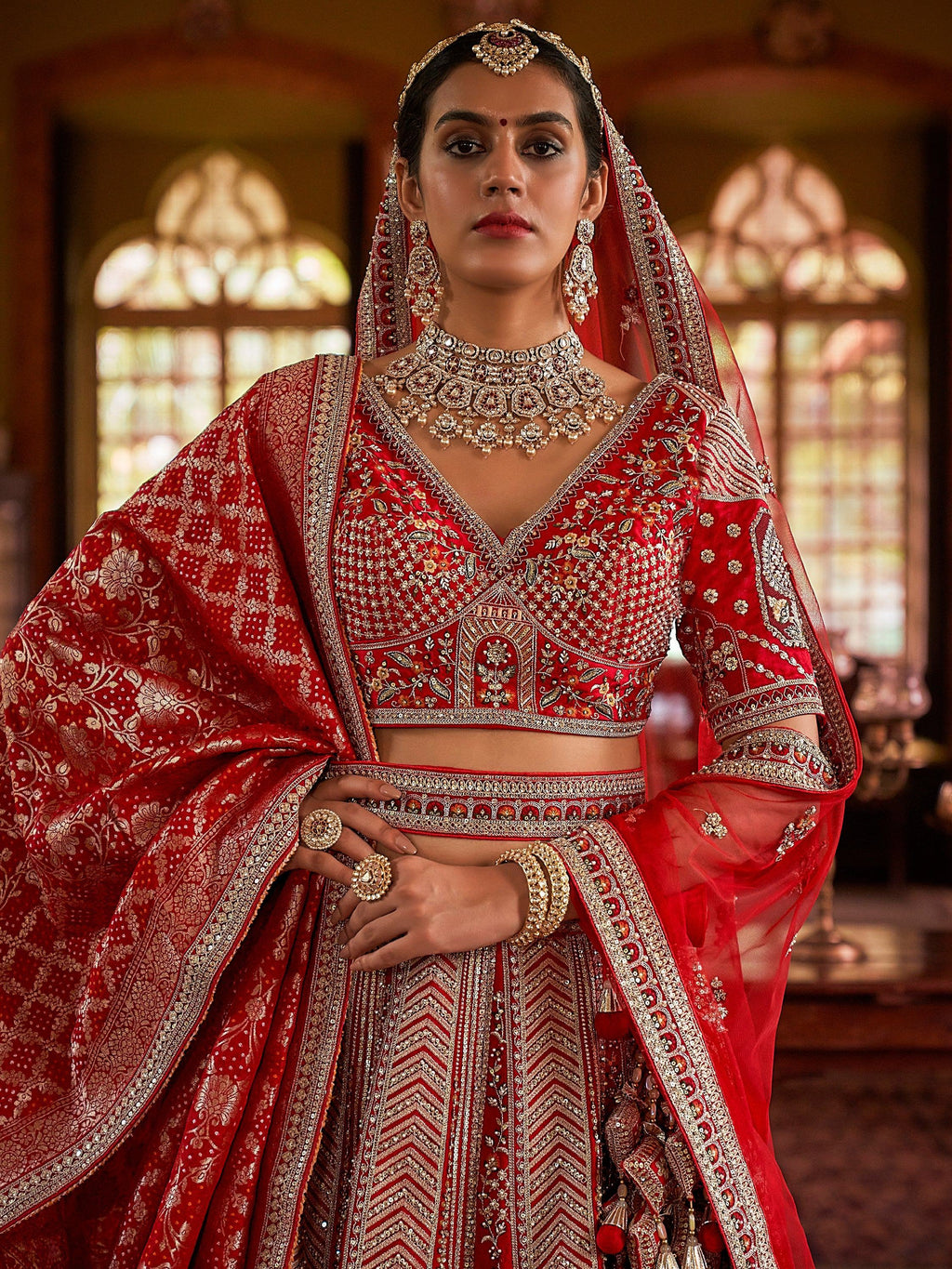 Pretty Red Sequins Silk Bridal Wear Lehenga Choli With Double Dupatta