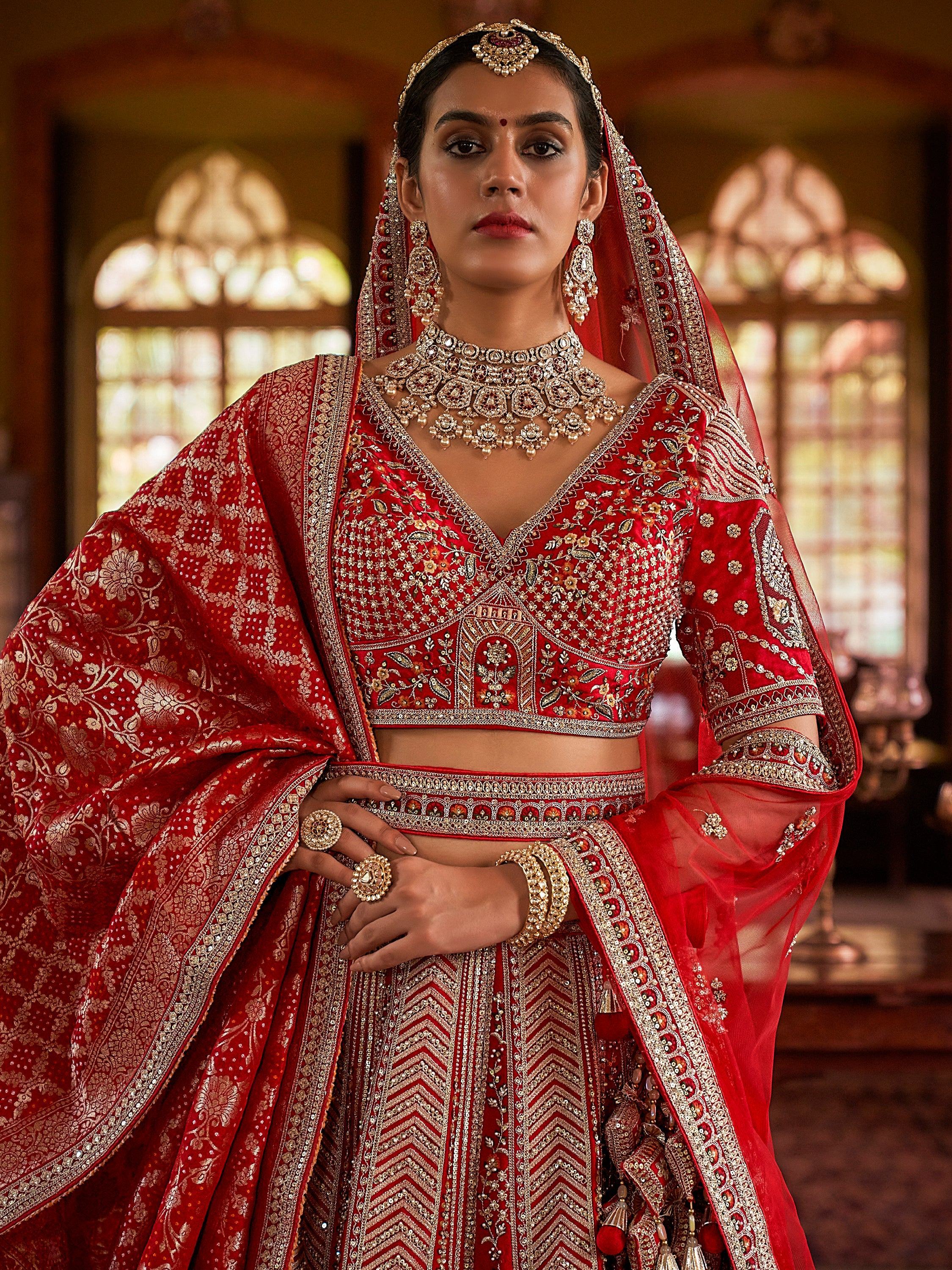 Pretty Red Sequins Silk Bridal Wear Lehenga Choli With Double Dupatta