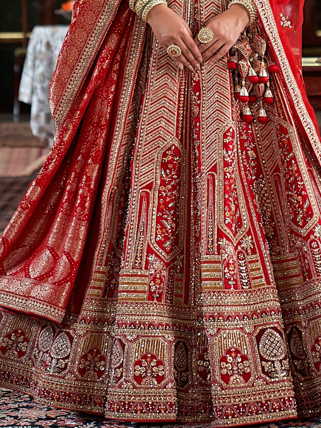 Pretty Red Sequins Silk Bridal Wear Lehenga Choli With Double Dupatta