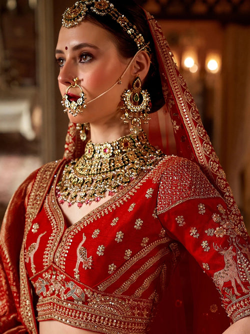 Attractive Red Embroidered Silk Bridal Lehenga Choli With Double Dupatta