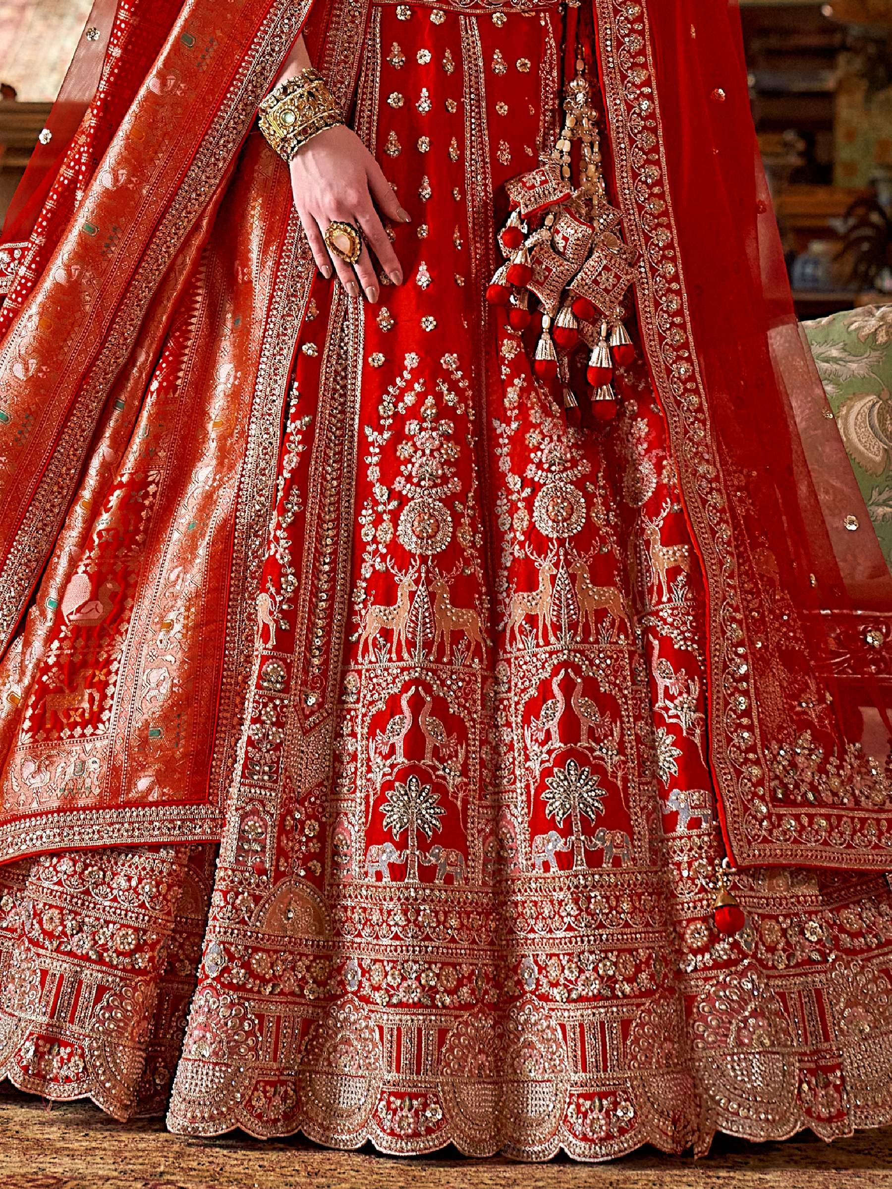 Attractive Red Embroidered Silk Bridal Lehenga Choli With Double Dupatta
