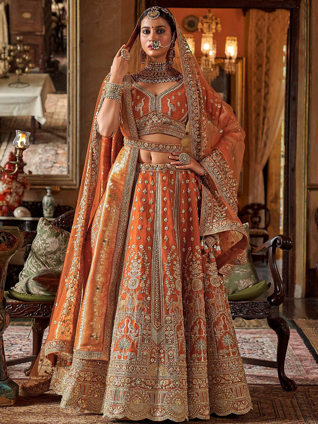 Enchanting Orange Pearl Work Silk Bridal Wear Lehenga Choli With Double Dupatta