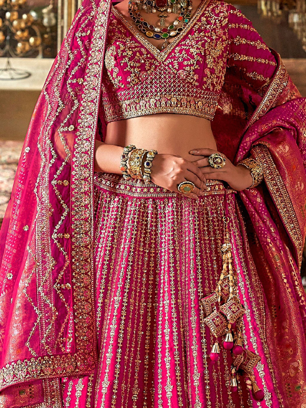 Outstanding Pink Thread Work Silk Bridal Lehenga Choli With Double Dupatta