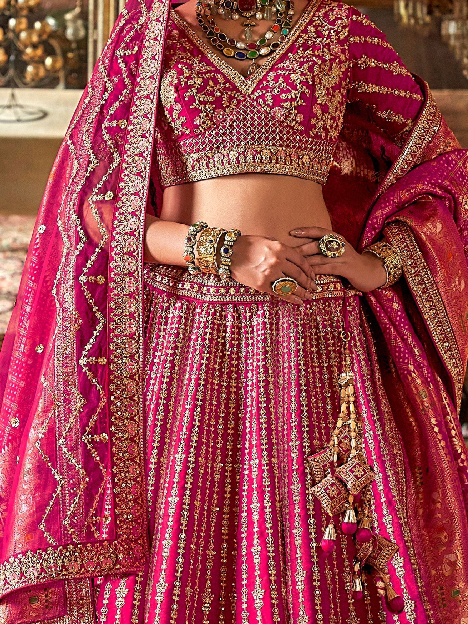 Outstanding Pink Thread Work Silk Bridal Lehenga Choli With Double Dupatta